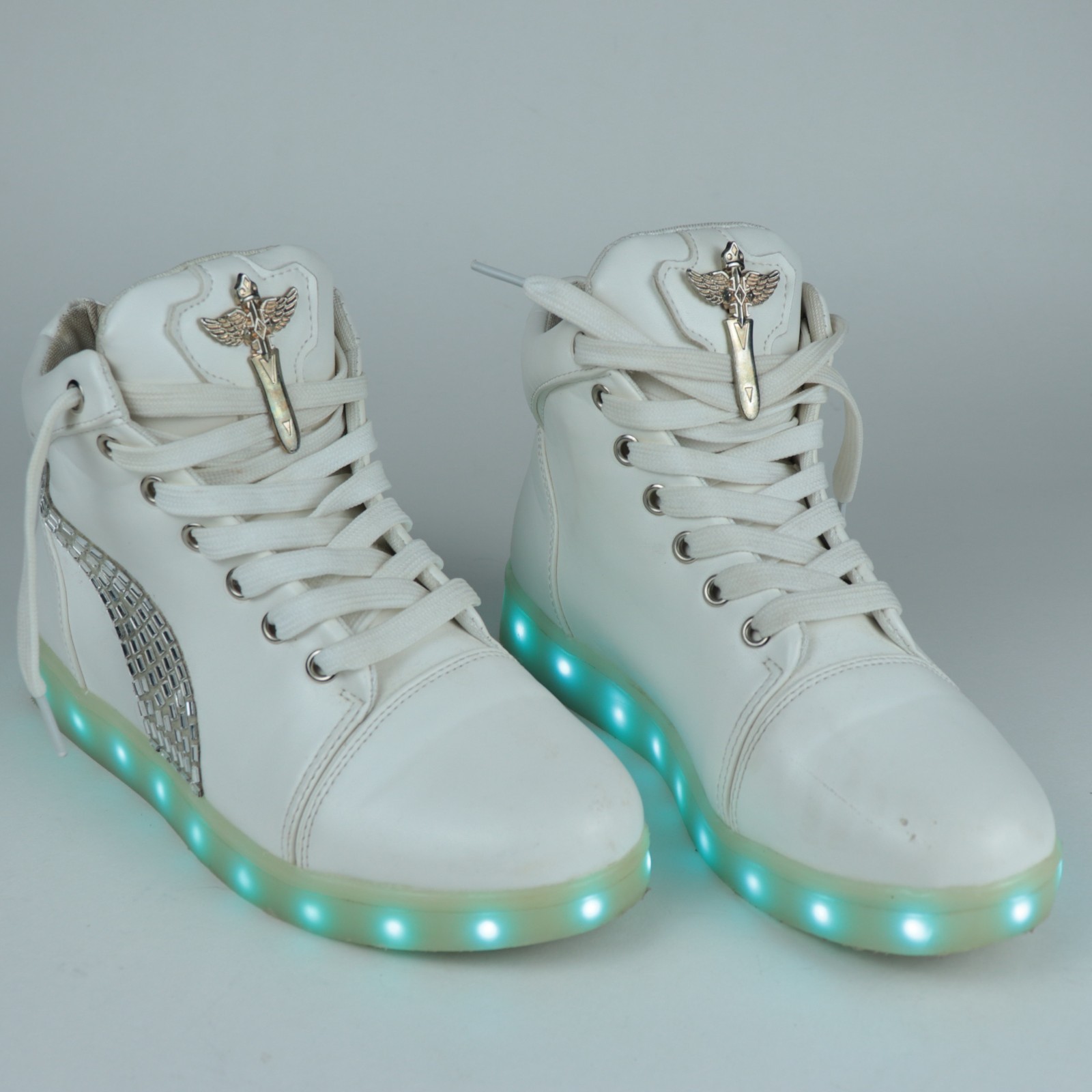 Women’s USB LED High Top Simulation Sneakers Size 7 Dance – White, Rhinestone