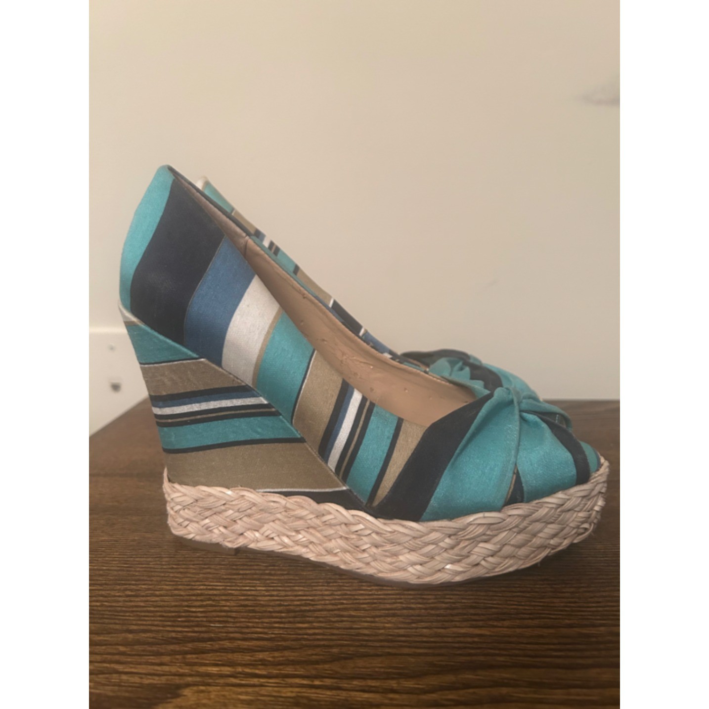 Report Goldie Womens Blue Teal Striped Satin Espadrille Wedge Sandals Size 6