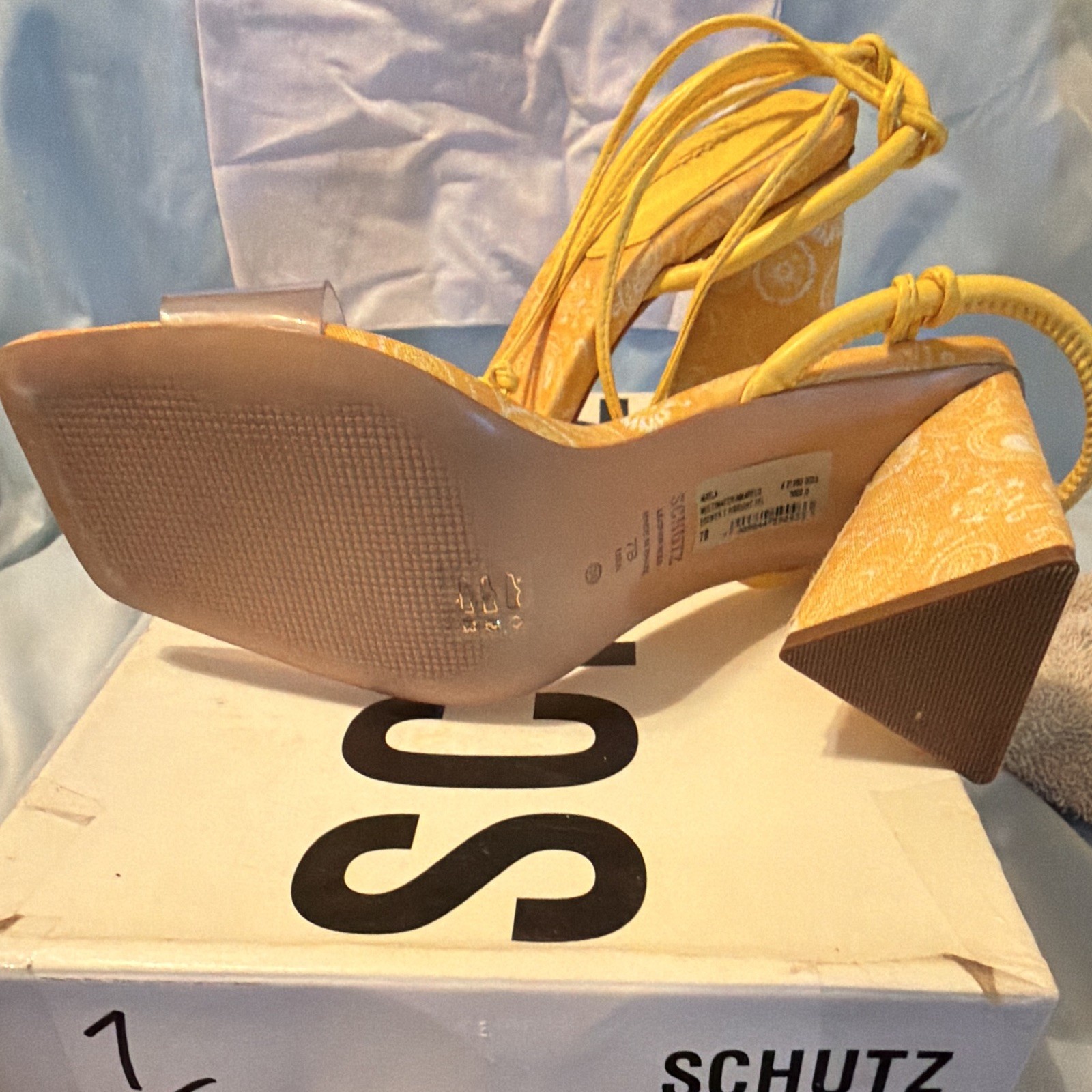 Schutz Yellow/Clear Paisley Tie Ankle Strap Sandals Women’s US 7