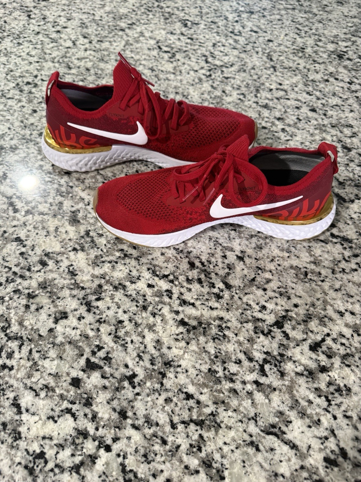 Size 9.5 – Nike Epic React Flyknit University Crimson, Metallic Gold, White
