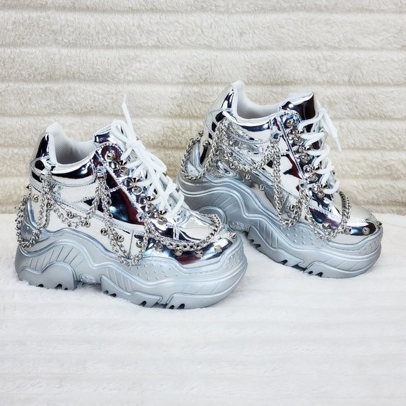 Space Candy Silver Platform Chain Sneaker Hidden Wedge Streetwear Kicks