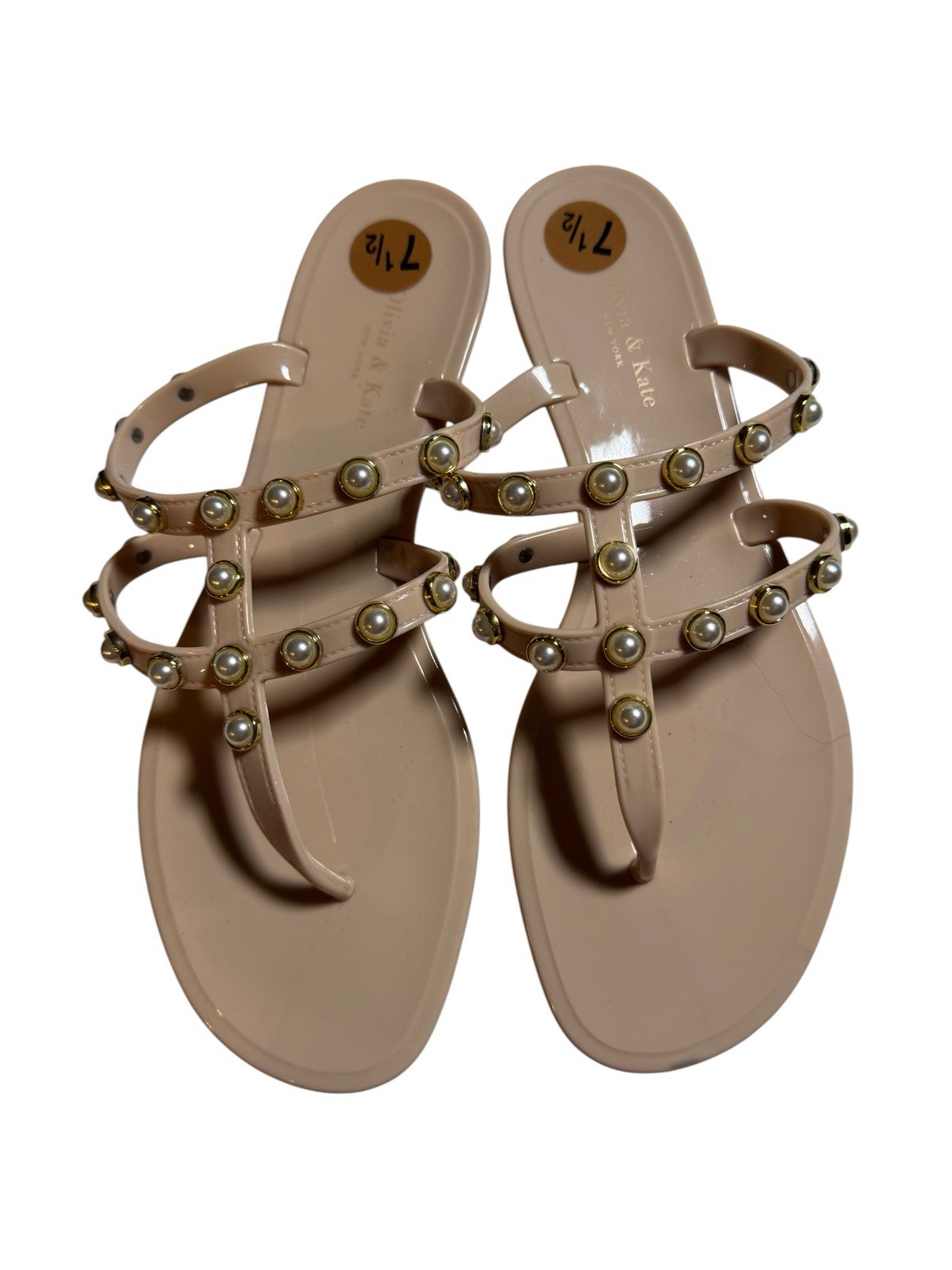Olivia & Kate New York Pearl Studded Jelly Sandals Nude Beige Strappy Flats 7.5