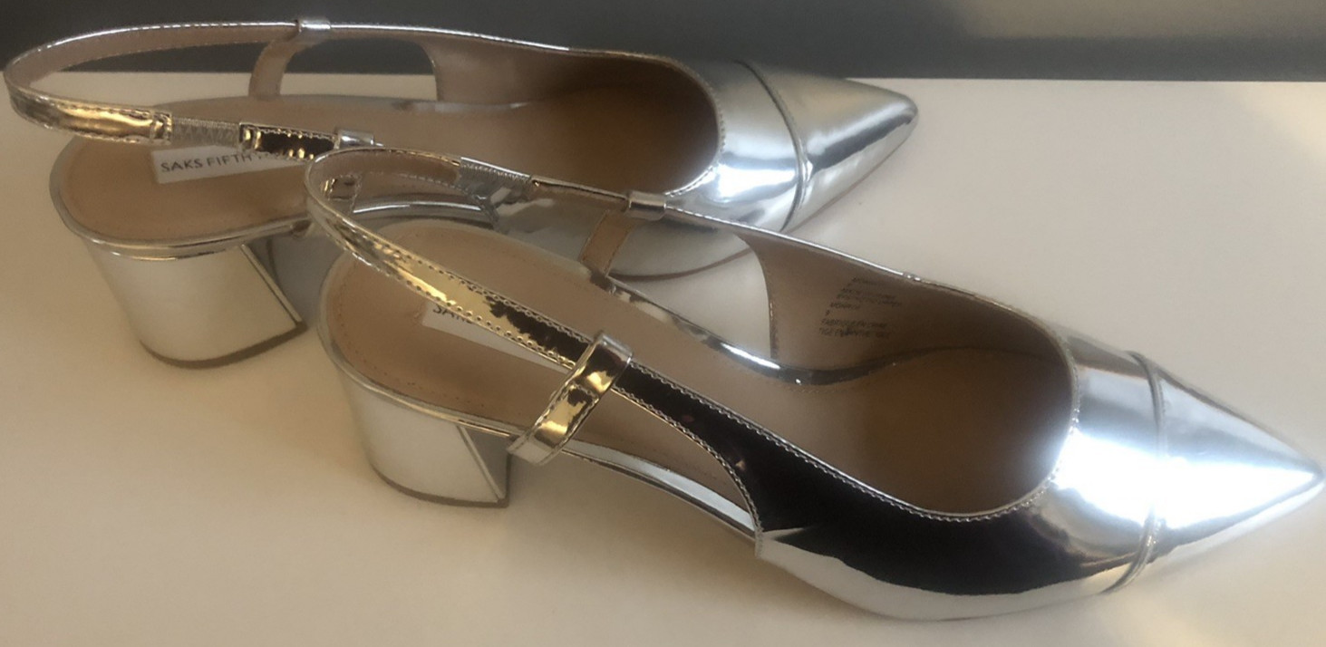 Jewel Badgley Mischka Monroe Slingback Silver Metalic 2″ Block Heel Sz 9 NEW