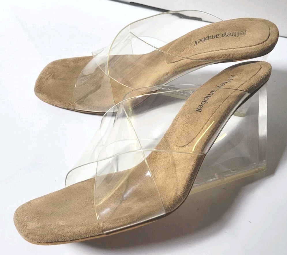 Jeffrey Campbell Clear Lucite Wedge Heels Sculptural Slides Sandals 7.5 Designer