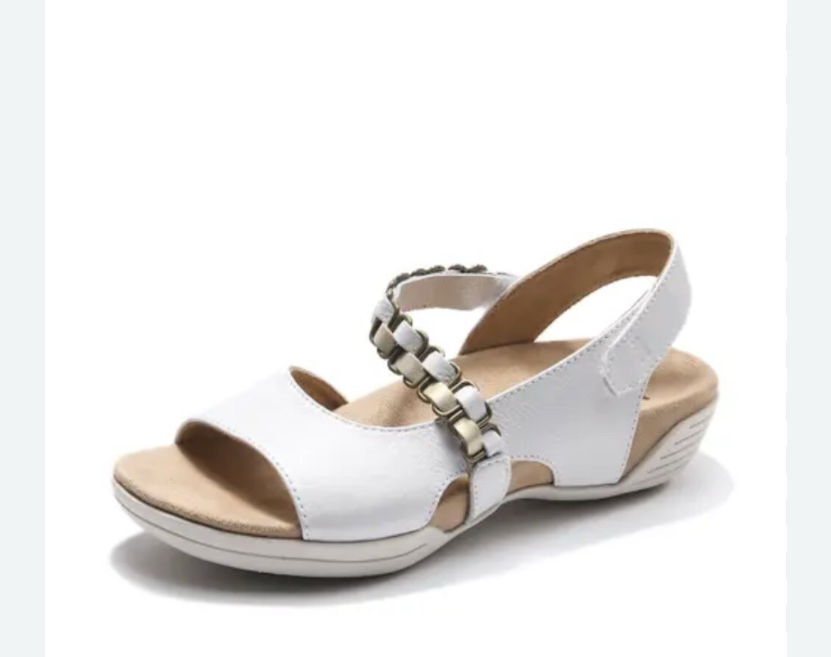 hälsa Footwear White/Beige Strappy Leather Wedge Sandals Hook & Loop US 10