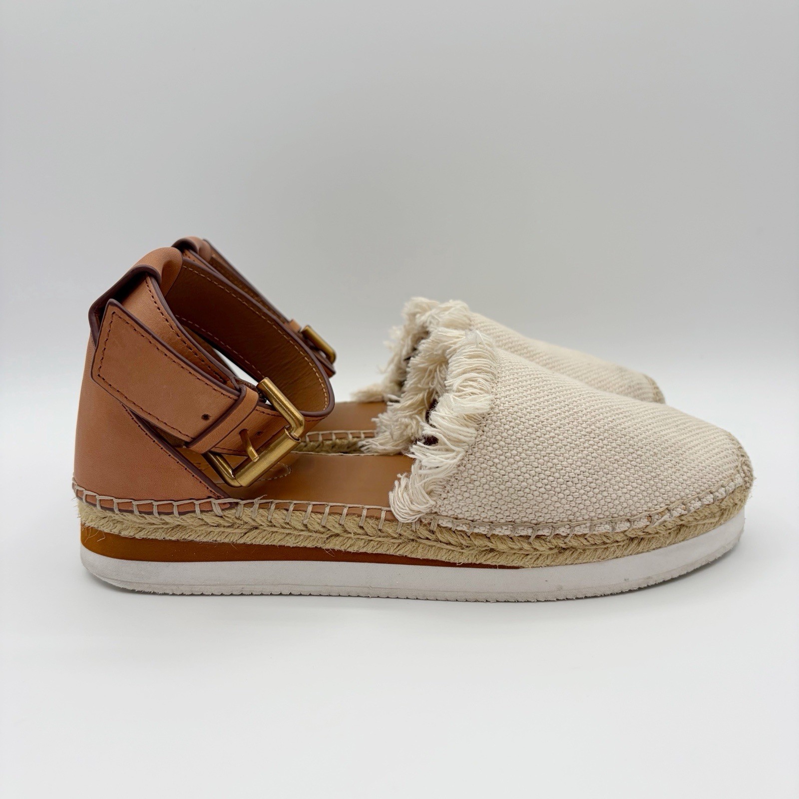 See by Chloe Glyn Espadrille Shoe Natural Tan Fringe Leather Calfskin 7.5 EU 38