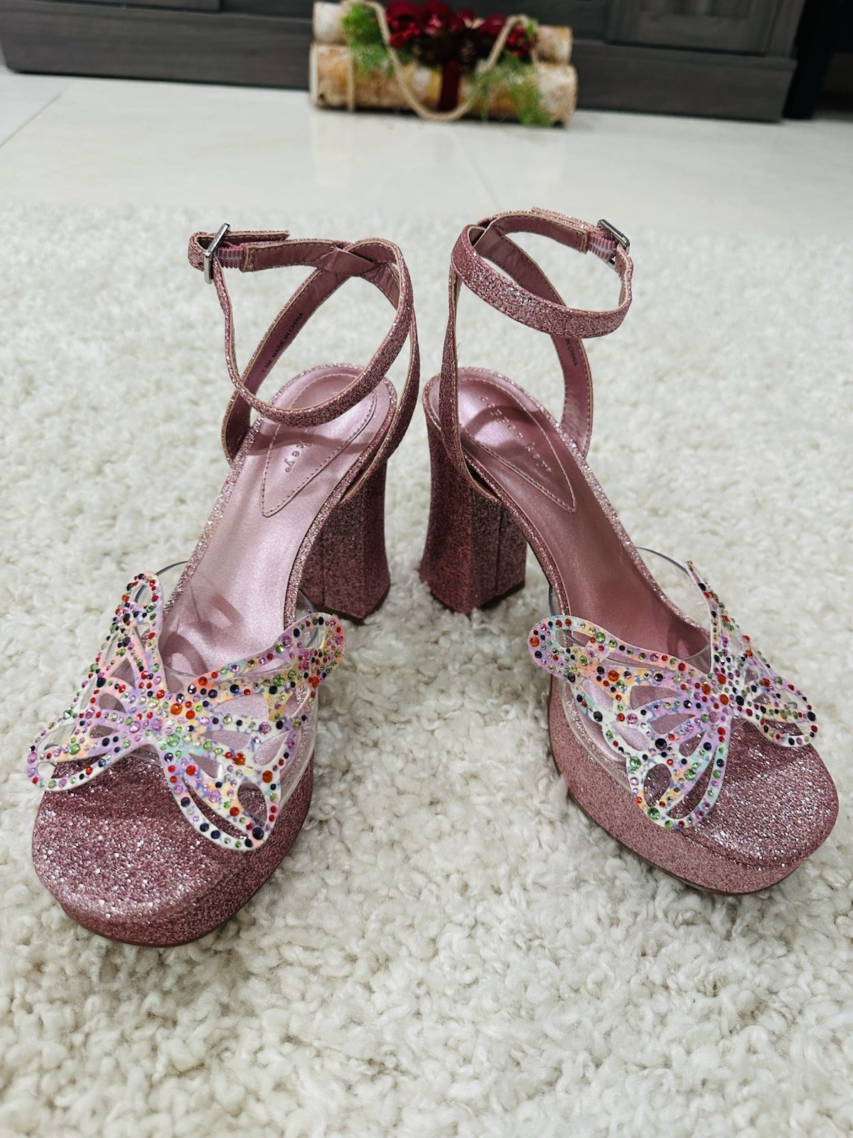 New Women’s Pink Glitter Platform Sandals with Rhinestone Butterfly size 7.5