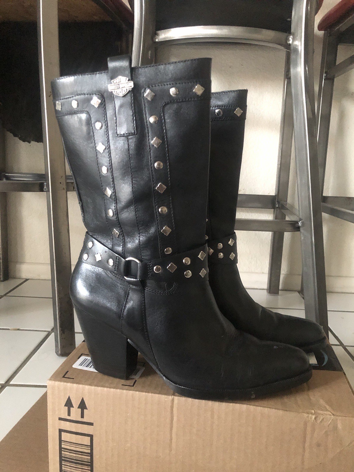 Harley Davidson Western Studded Cowboy Boots Womens 8 Black Logo Zipper Leather
