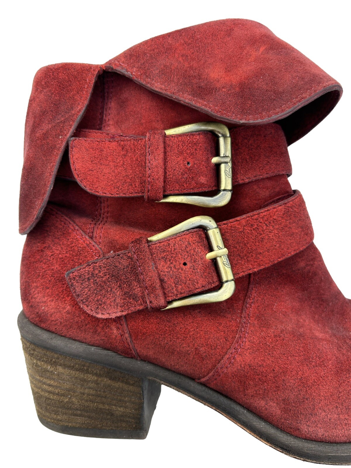 DONALD PLINER Moto Boots SIZE 6.5 Mid Calf Distressed Red Suede Buckle Fold Over