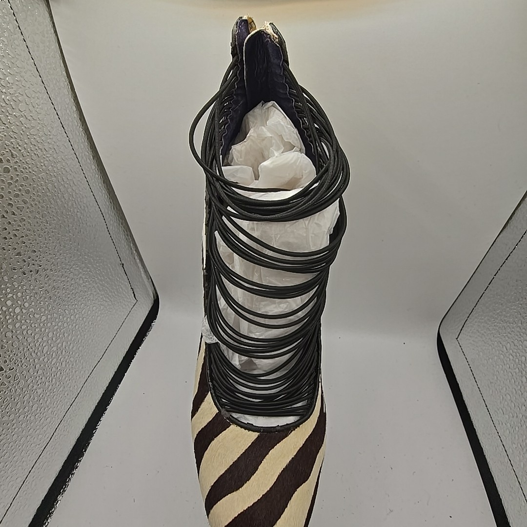 London Trash Zebra Stripes Pony Hair Platform Shoes Heels Leather sz 8 Pinup