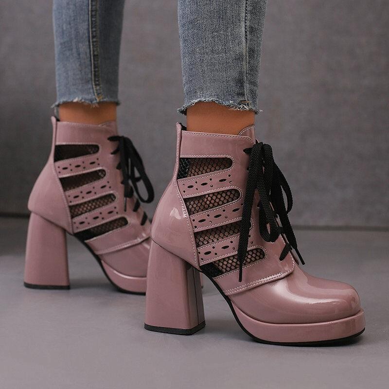 Chic Women’s Faux Leather Mesh Patchwork Sandals Lace Up Dress Party Ankle Boots