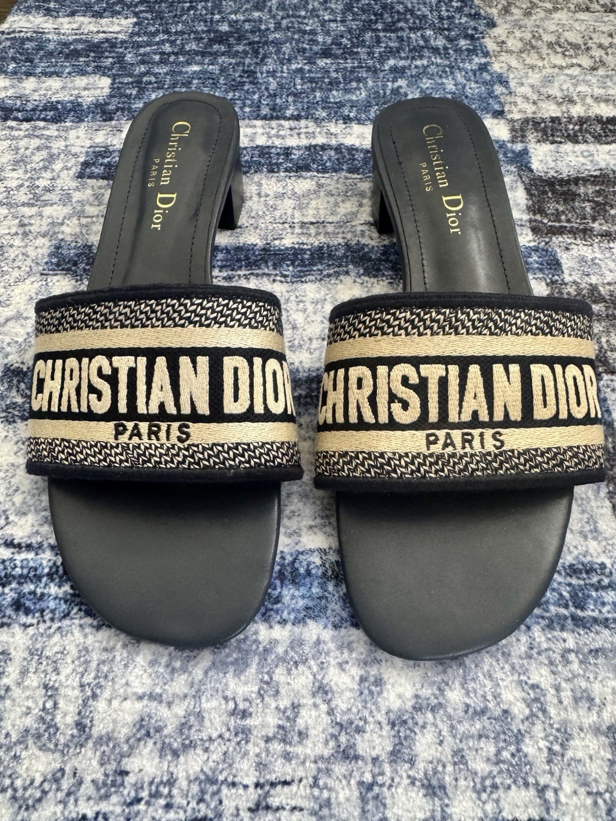 Dior Dway Deep Blue Embroidered Cotton Heeled Slides EU 40-US 9.5