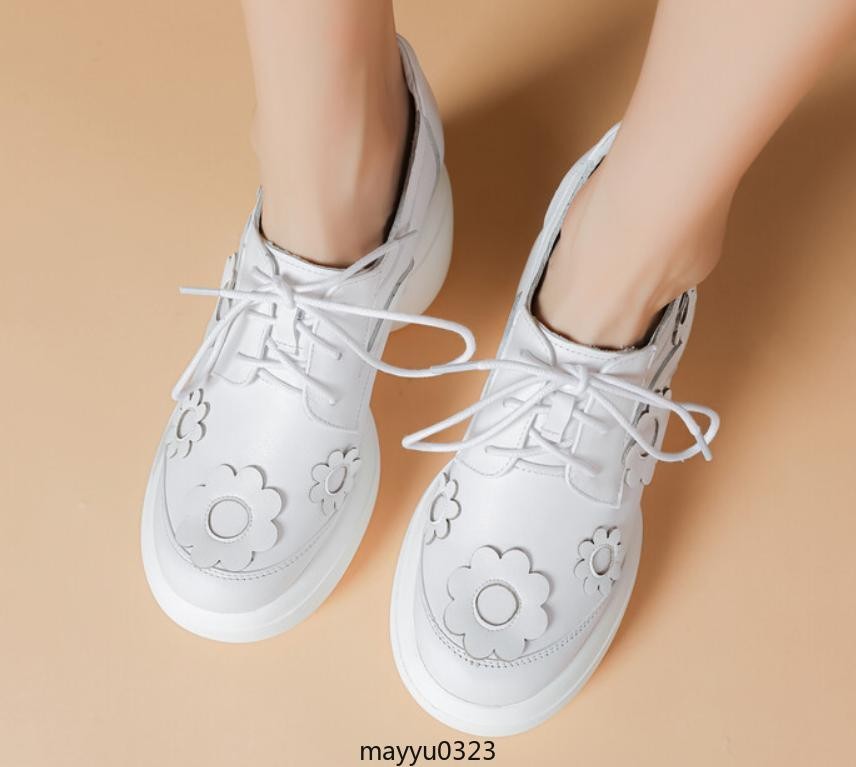 Womens Floral Lace Up Leather Mid Chunky Heel Round Toe Platform Casual Shoes