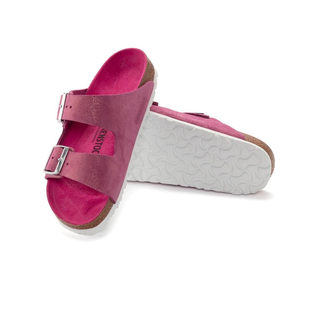 BIRKENSTOCK ARIZONA SHIMMERING FUCHSIA TULIP MEDIUM/NARROW WIDTH SUEDE SLIDE SAN
