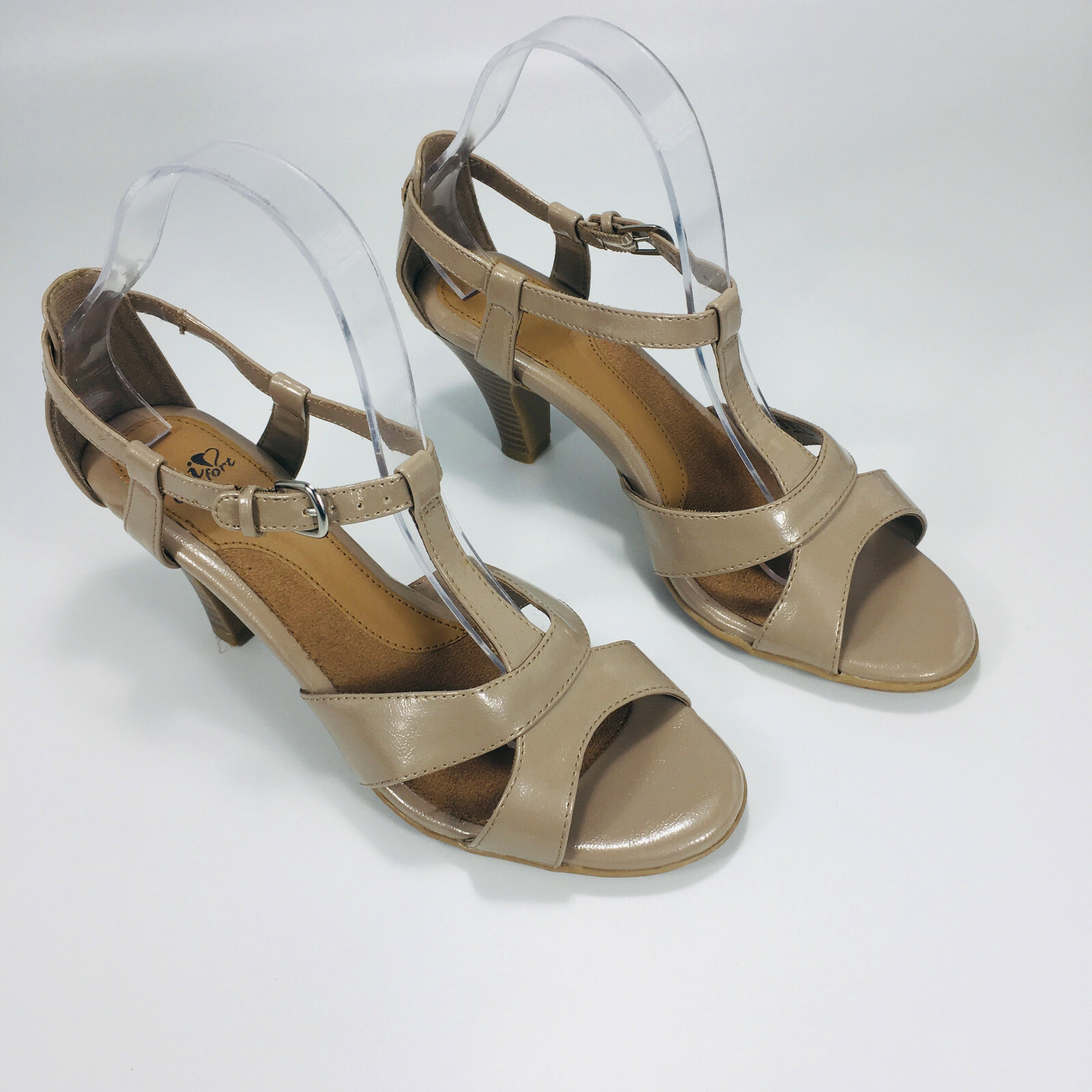 I Heart Comfort Open Toe Ankle Buckle Strap Amity Heels Women’s Taupe SZ 9 M