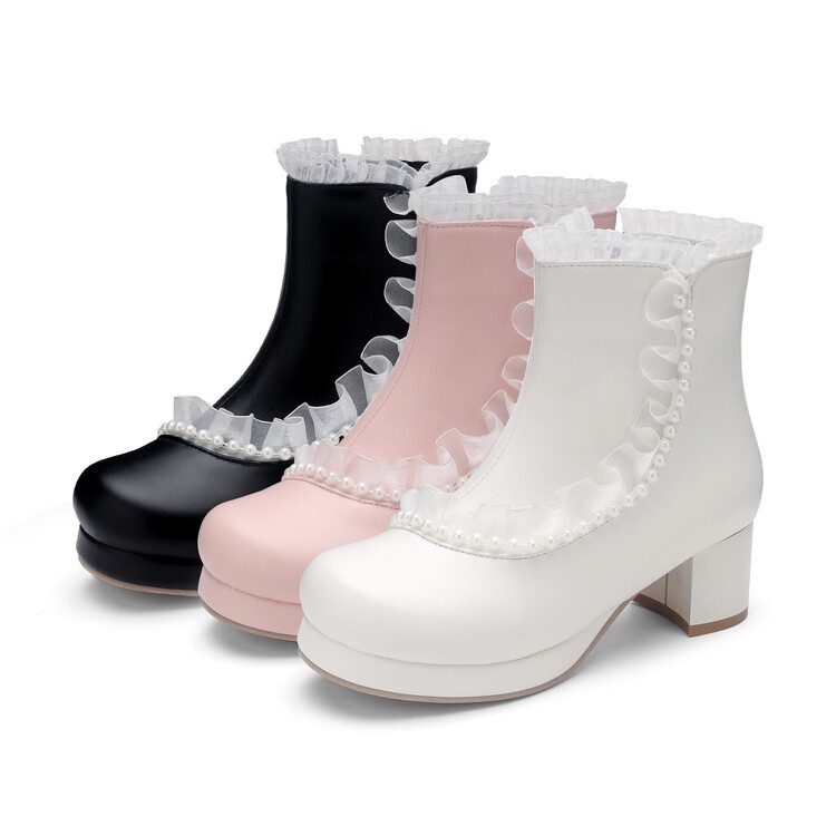 Sweet Women’s Girls Faux Leather Lace Zip Ankle Short Boots Dress Lolita Shoes