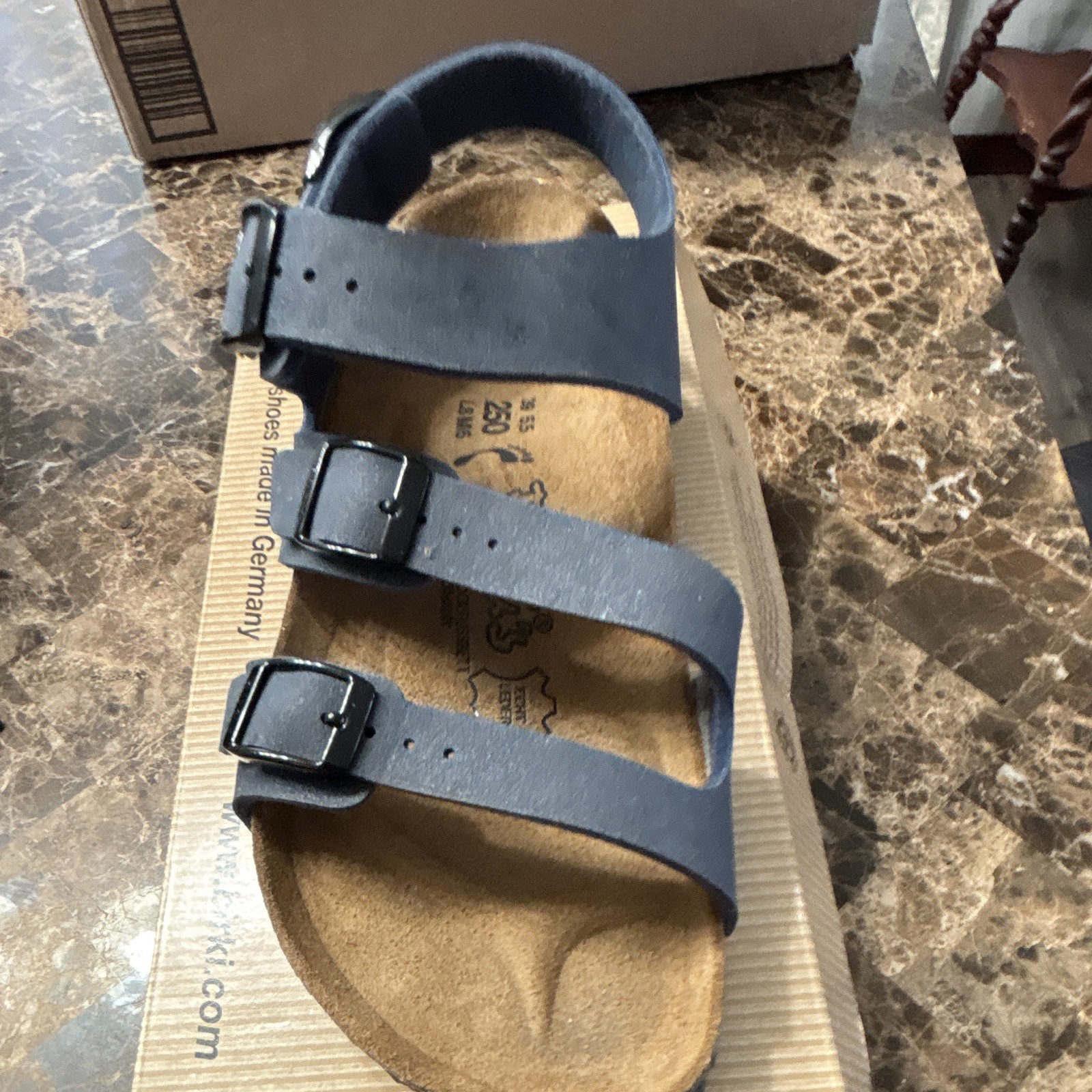 Birki’s Women’s US 8 Blue Leather Strappy Buckle Sandals Cork Insole EU 39