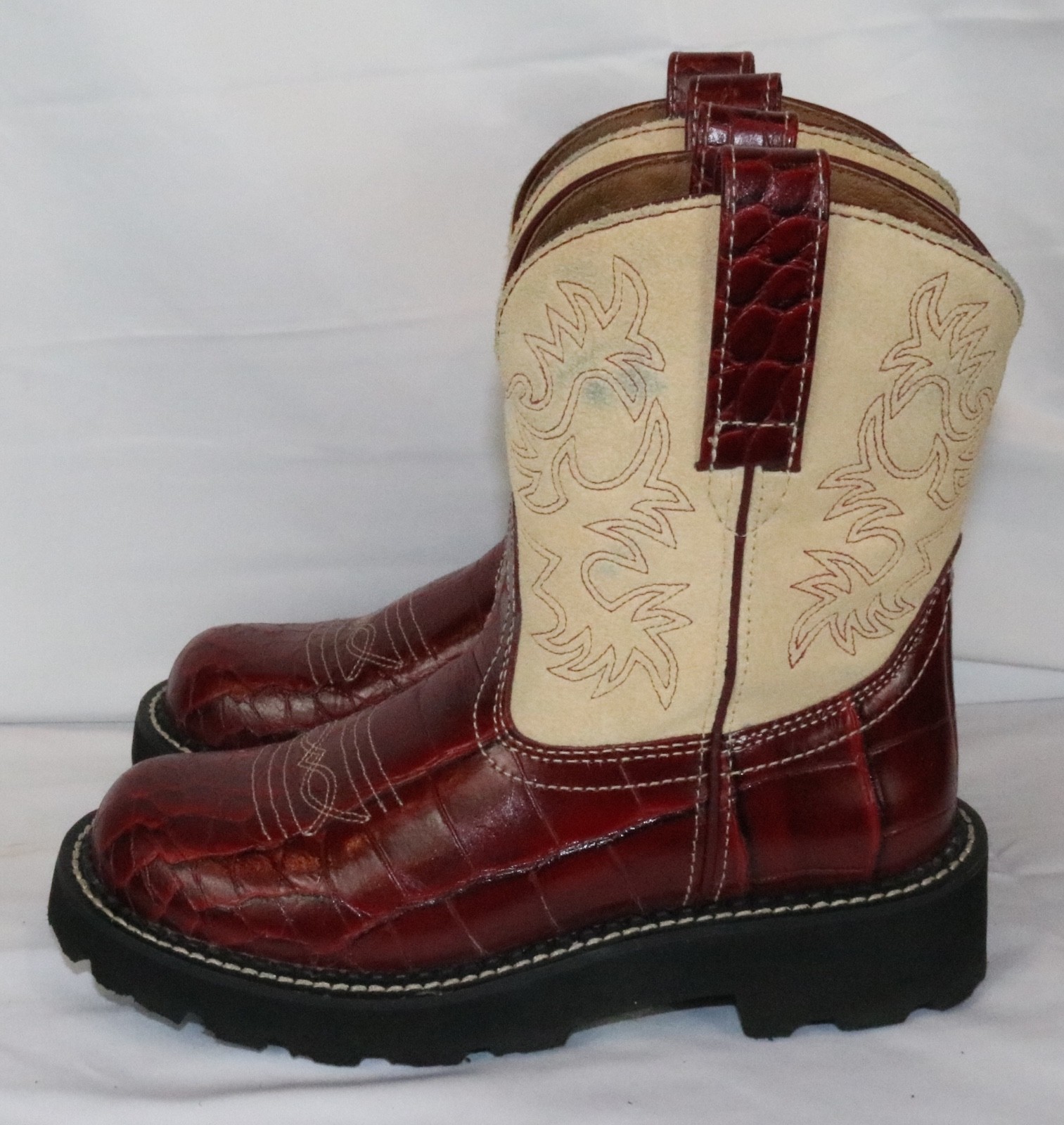 Ariat Fatbaby 14709 Women Red Croc Embossed Leather Western Boots 5.5B Tan Suede