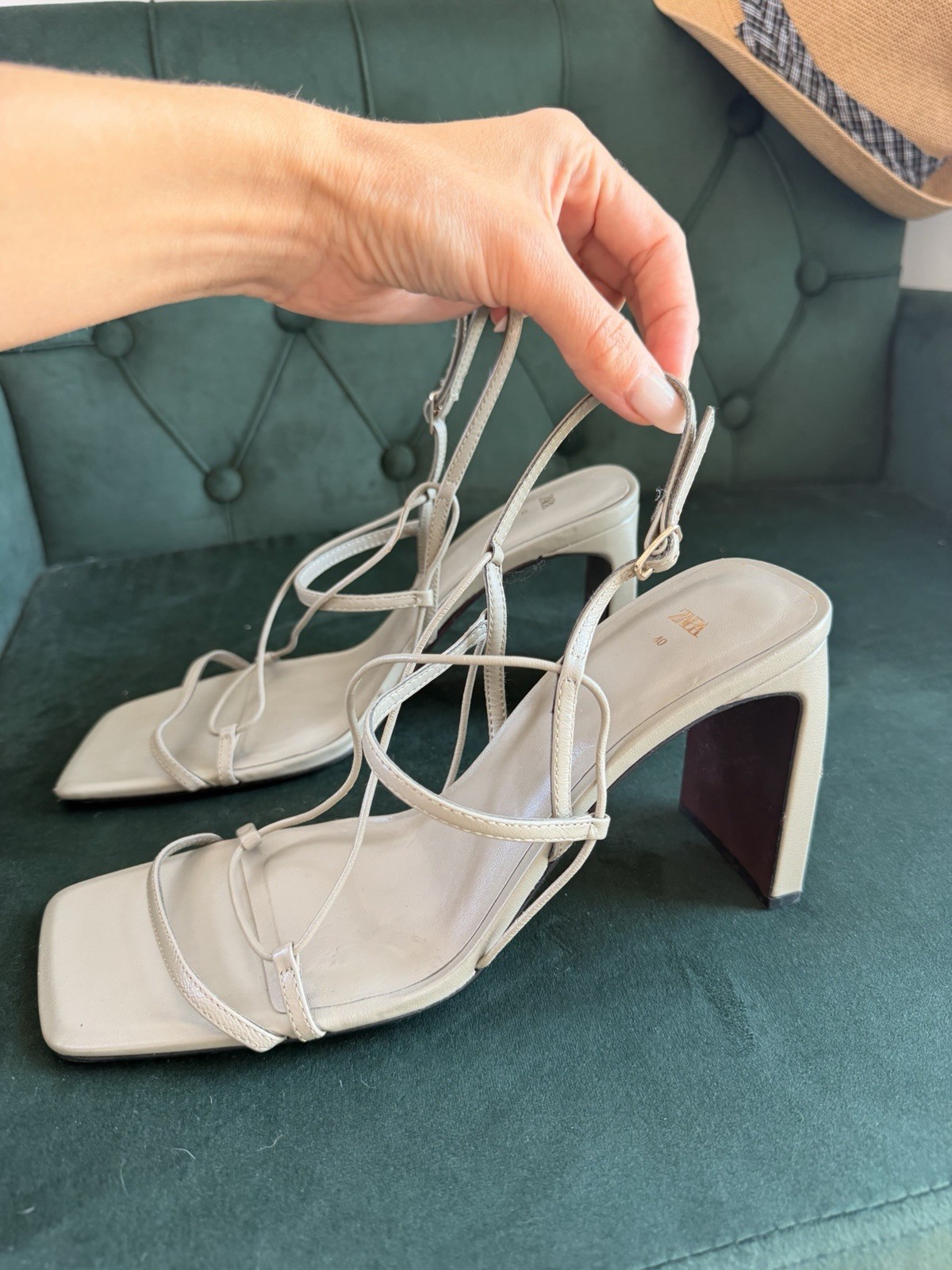 Zara Women Gray Faux Leather Strappy Ankle Strap Square Toe Block Heel EU 40