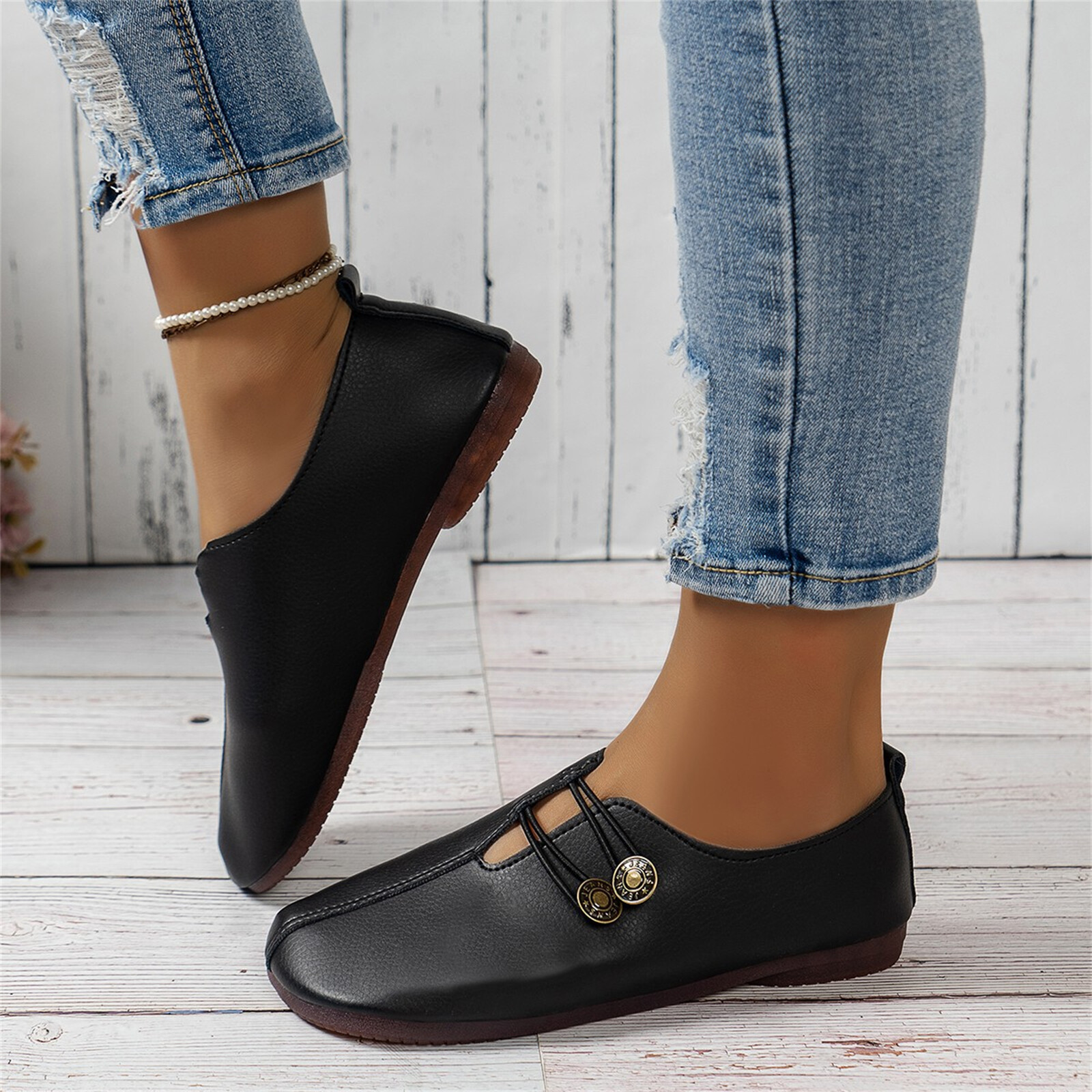 Weiche flache Damenschuhe mit Retro-Schnalle Freizeit Vielseitig Slip On Loafers