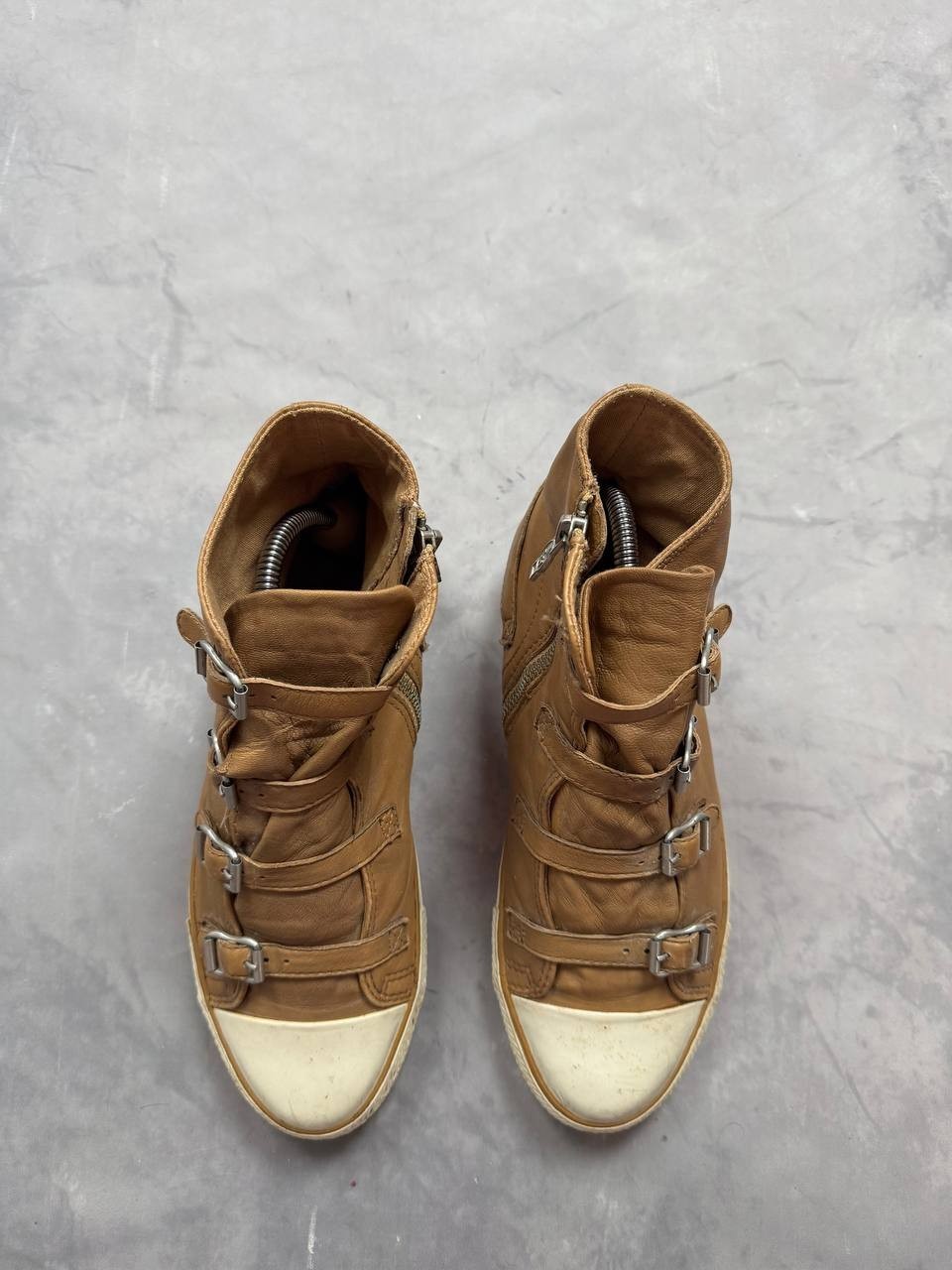 ASH Limited Brown Leather High Top Sneakers Buckle Strap Zip Women EU 40