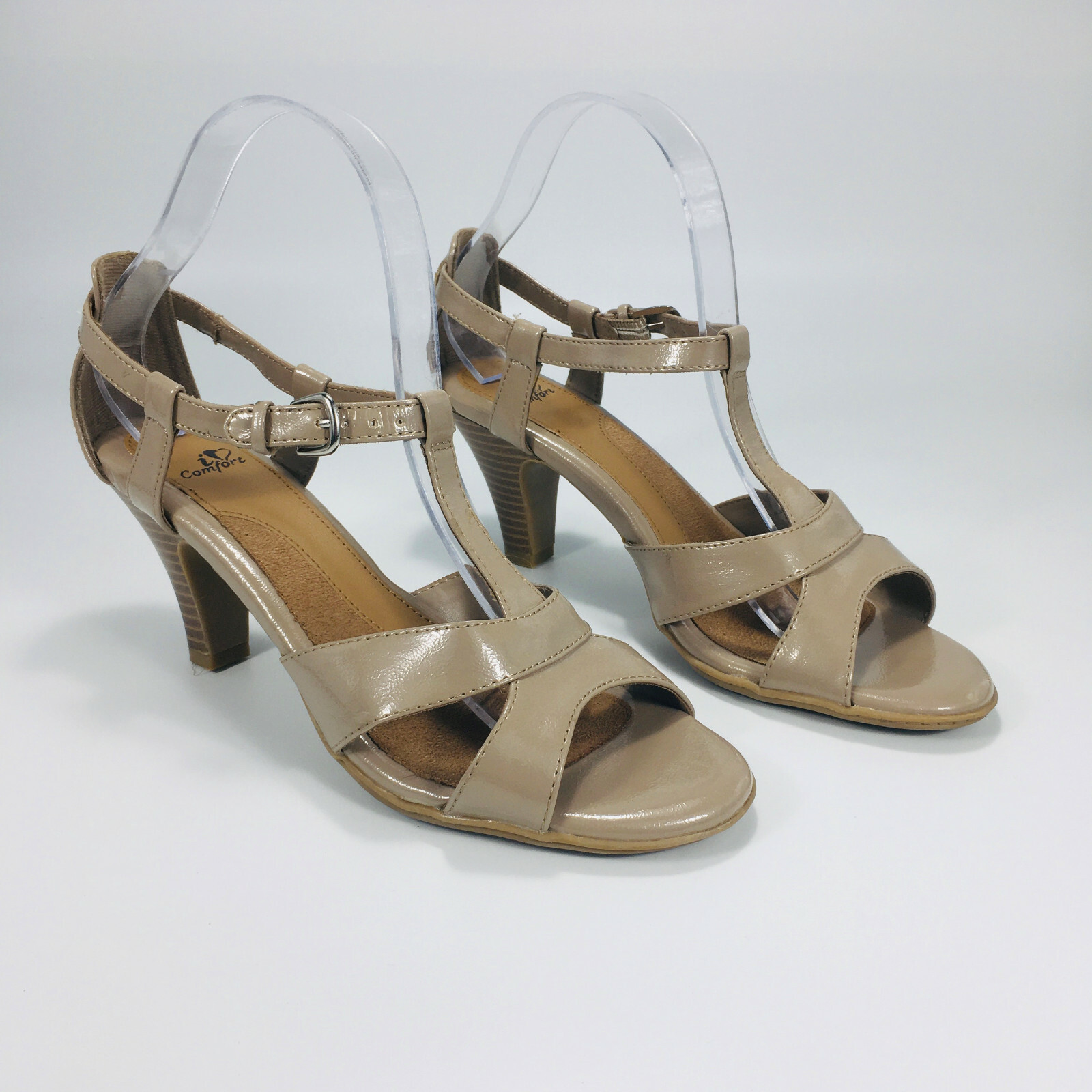 I Heart Comfort Open Toe Ankle Buckle Strap Amity Heels Women’s Taupe SZ 9 M