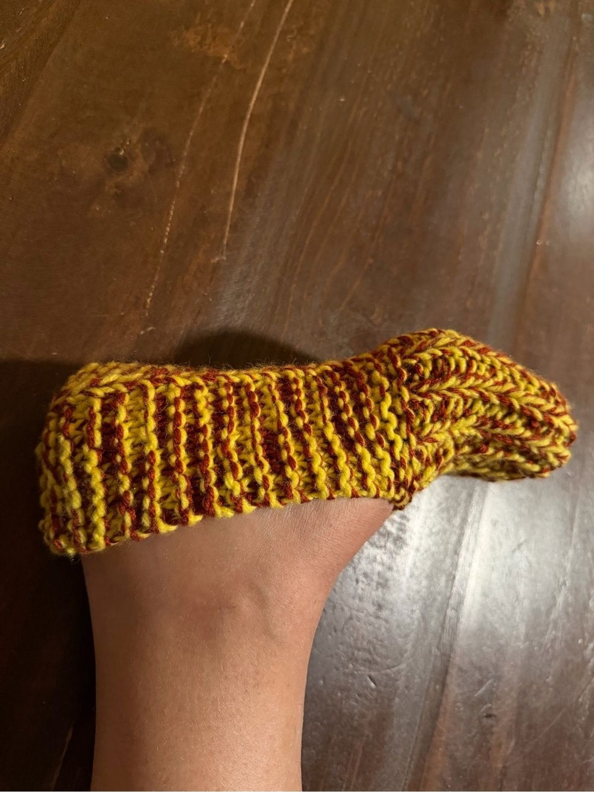 Hand-Knit Slipper Sock in Yellow & Maroon