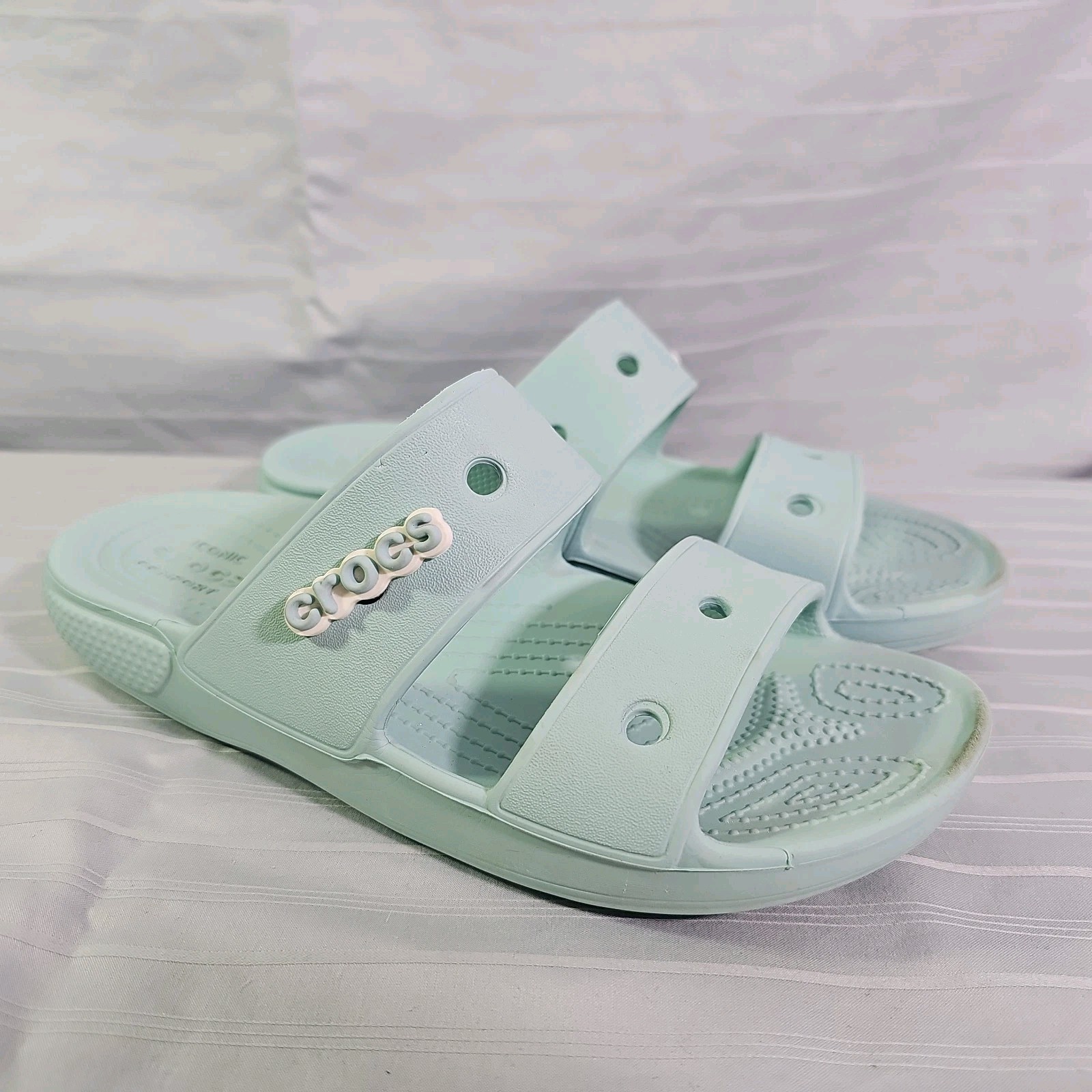 Iconic Crocs Comfort Size W8 M6 Sky Light Blue 2 Strap Slides Sandal Shoes