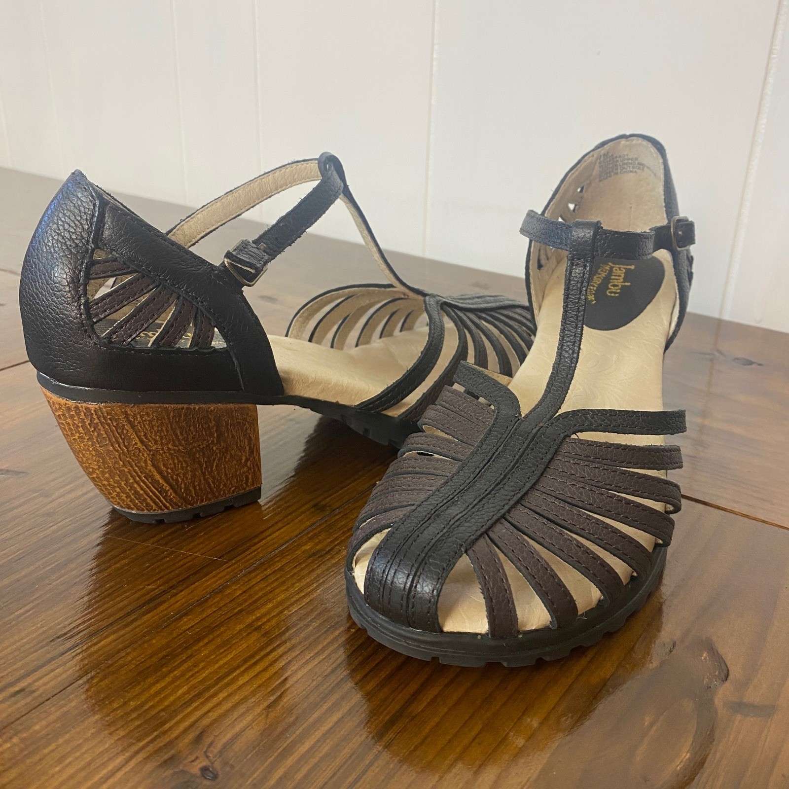 Jambu Sofia Black Leather T-Strap Caged Block Heel Sandals Womens 7M SKU B2