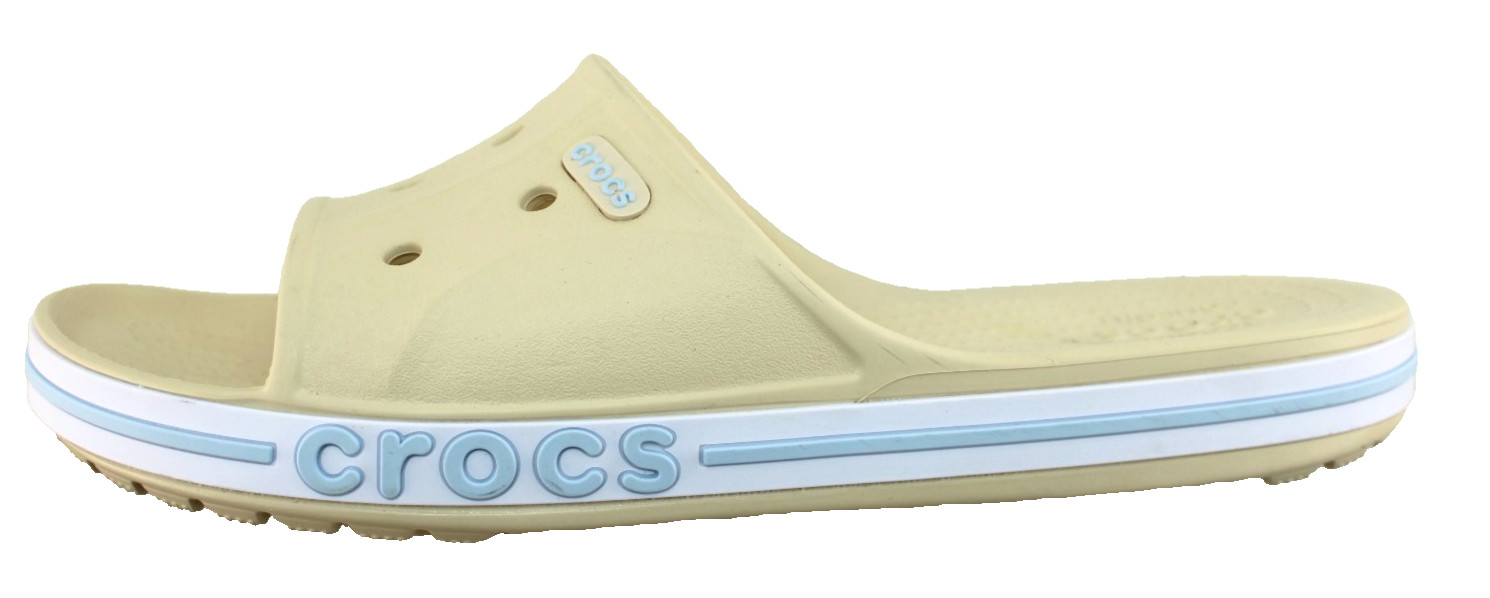 New CROCS Women’s 7 Bayaband Vanilla Cream /Blue Raised Crocs Logo Slide Sandals