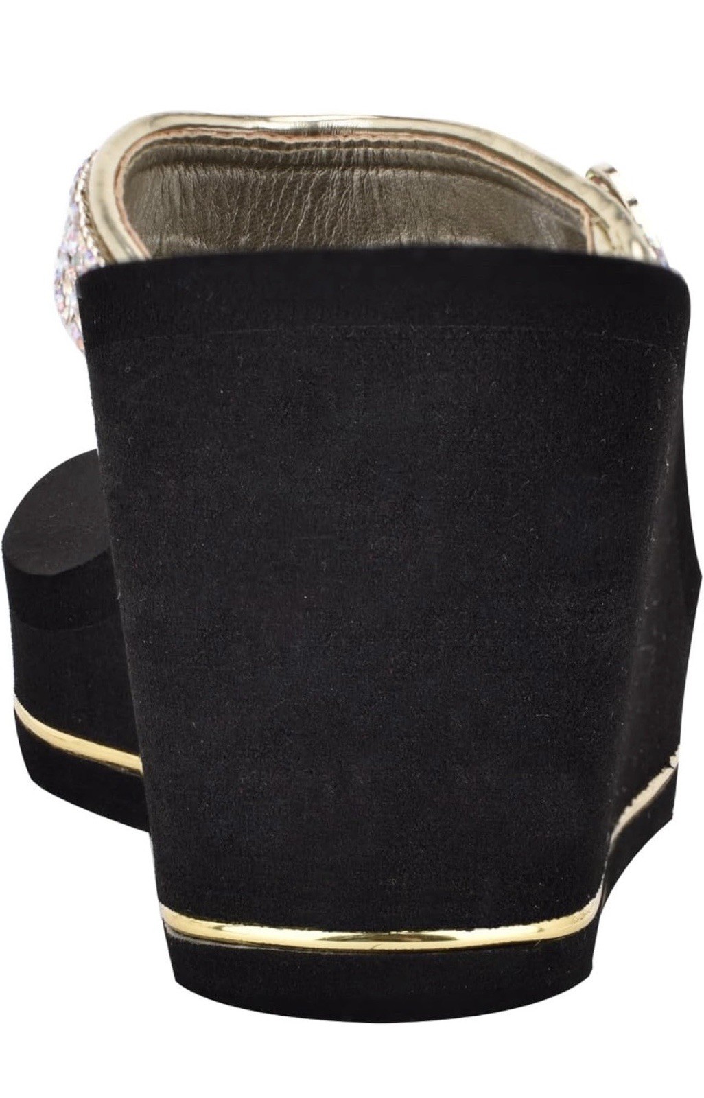 GUESS Women’s Gwsarraly ~ 3″ EVA wedge heel ~ Black/Gold ~ Size 10