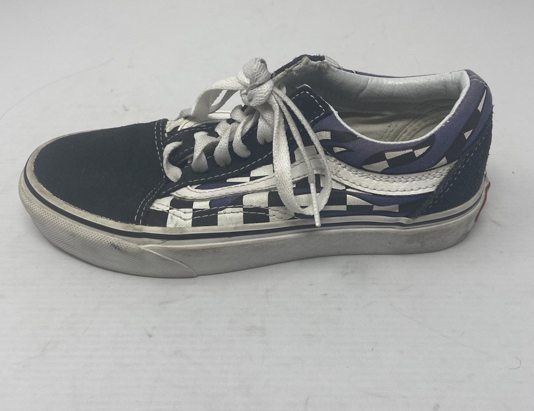 Vans Old Stool Women 5 Men 3.5 Youth Size Black Checkerboard Flames Skateboard