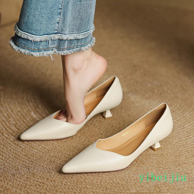 Women’s 100% Real Leather Low Kitten Heel Classic Dress Shoes Casual Office Lady