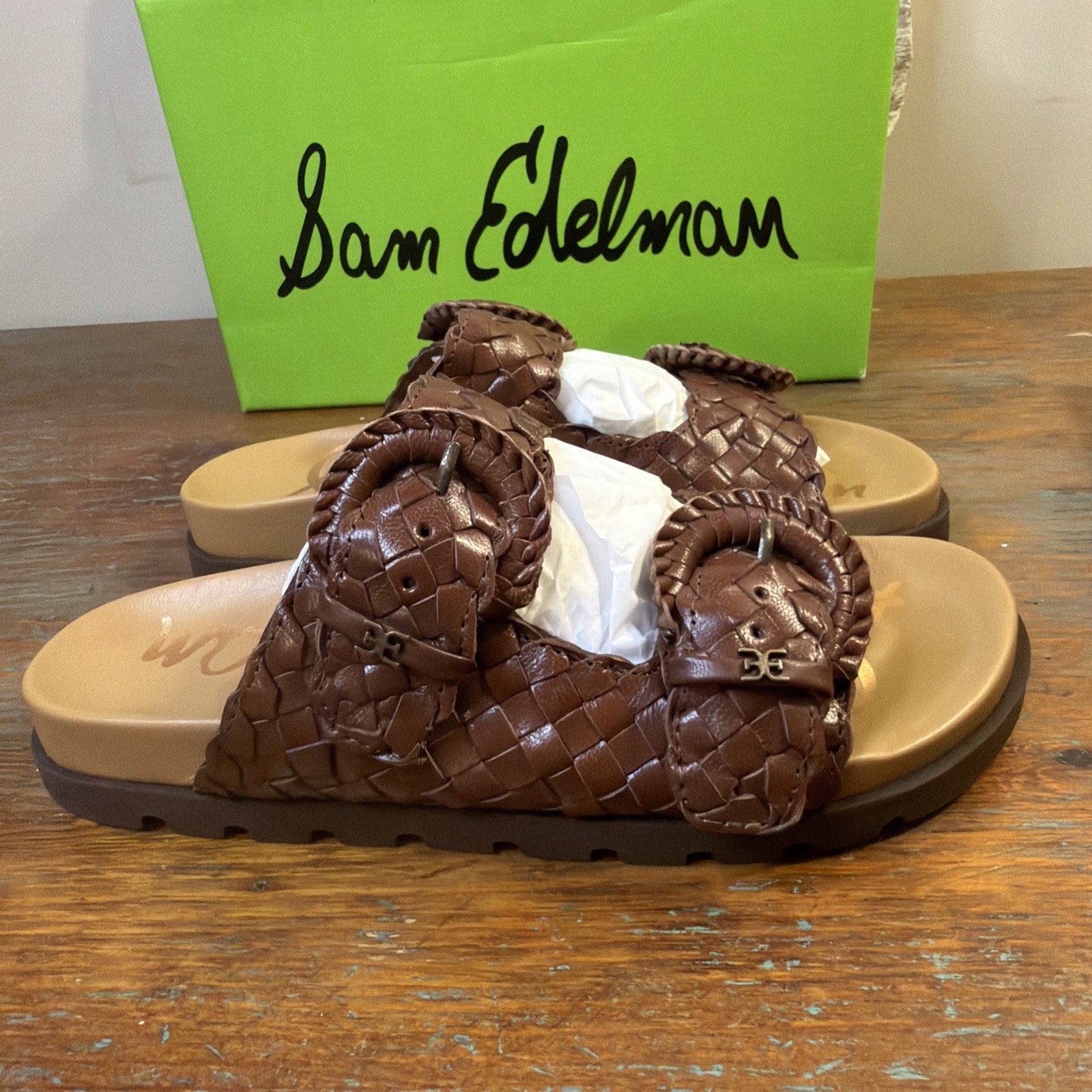 New With Box~ Sam Edelman Tiffanie Woven Leather Slides In Brandy Color. Size 7.