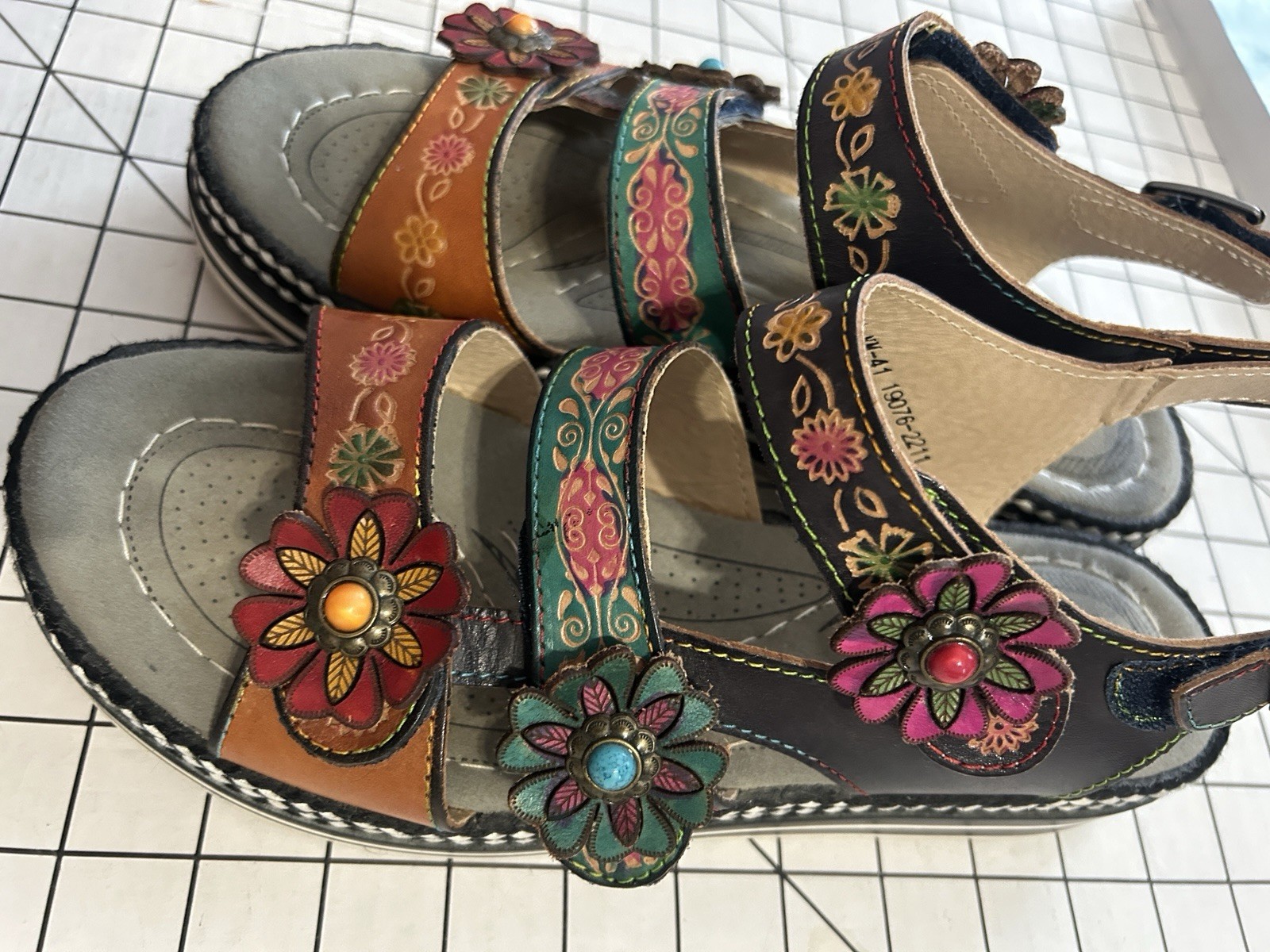 Spring Step L Artiste Rebecka Multi Leather Floral Platform Sandals EU 41 US 10