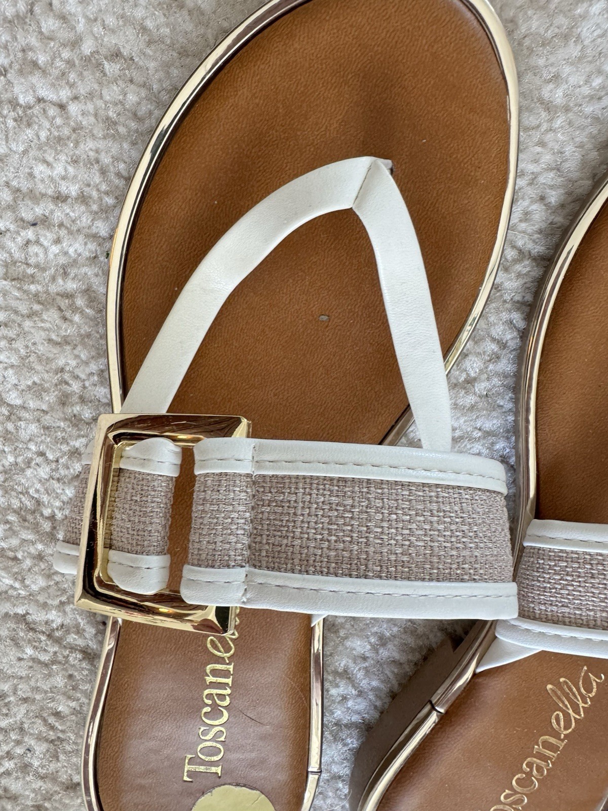 Toscanella Women’s White/Brown Leather Thong Sandals Buckle Straps Size 7