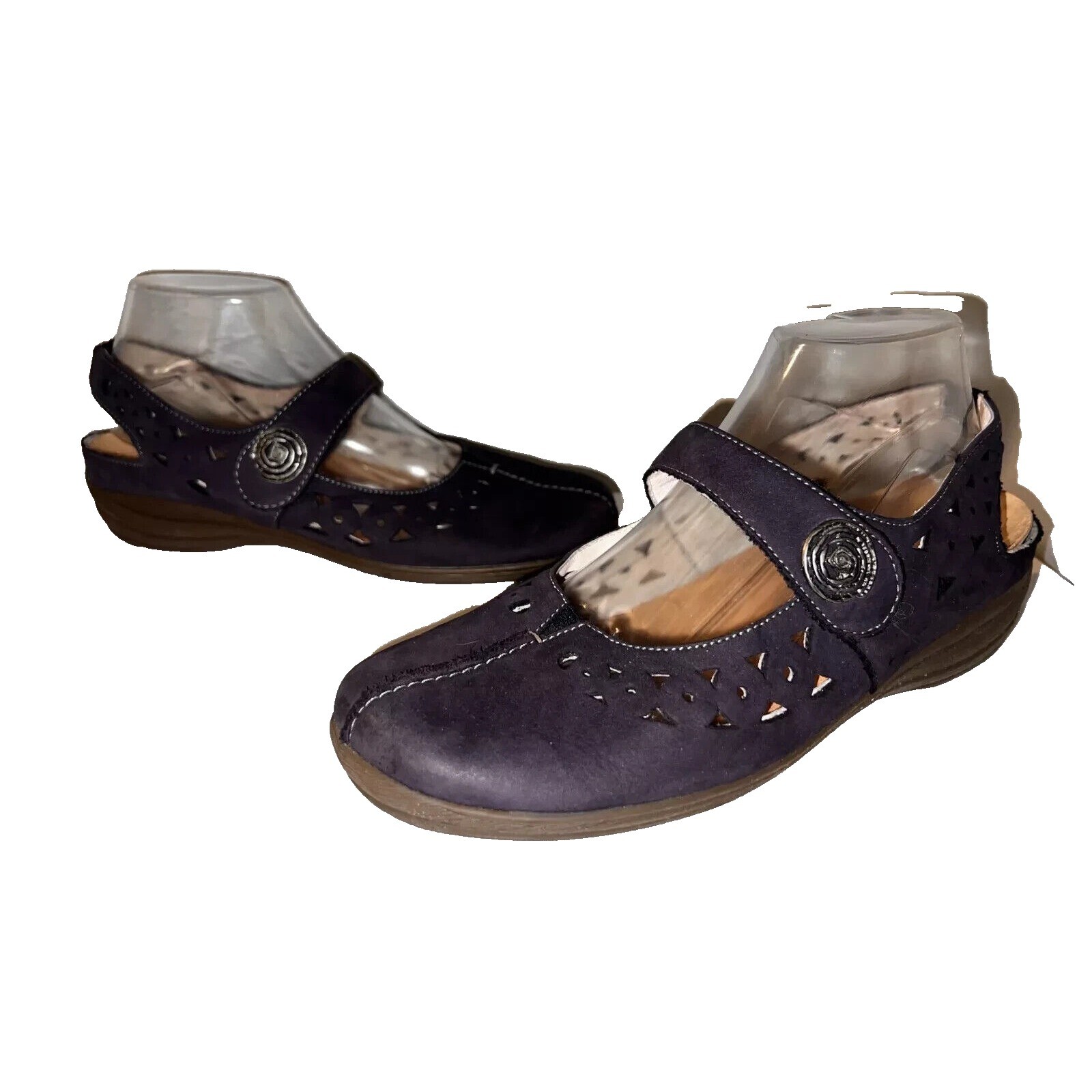 Ara Blue Nubuck Leather Laser Cut Mary Jane Slingback Shoes Womens Size 8.5