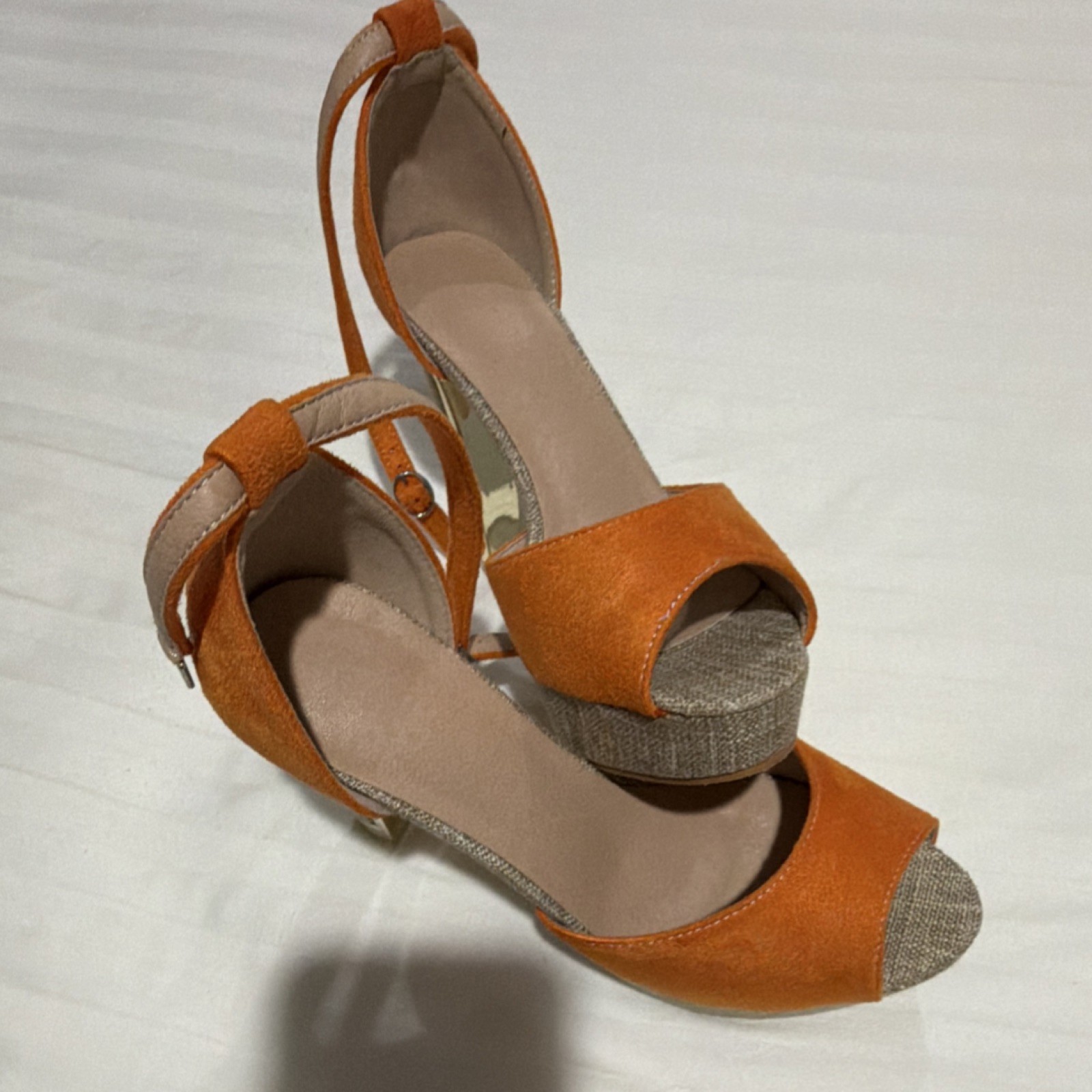 Orange Beige Gold Suede Platform Block Heel Peep Toe Ankle Strap Women’s Shoes
