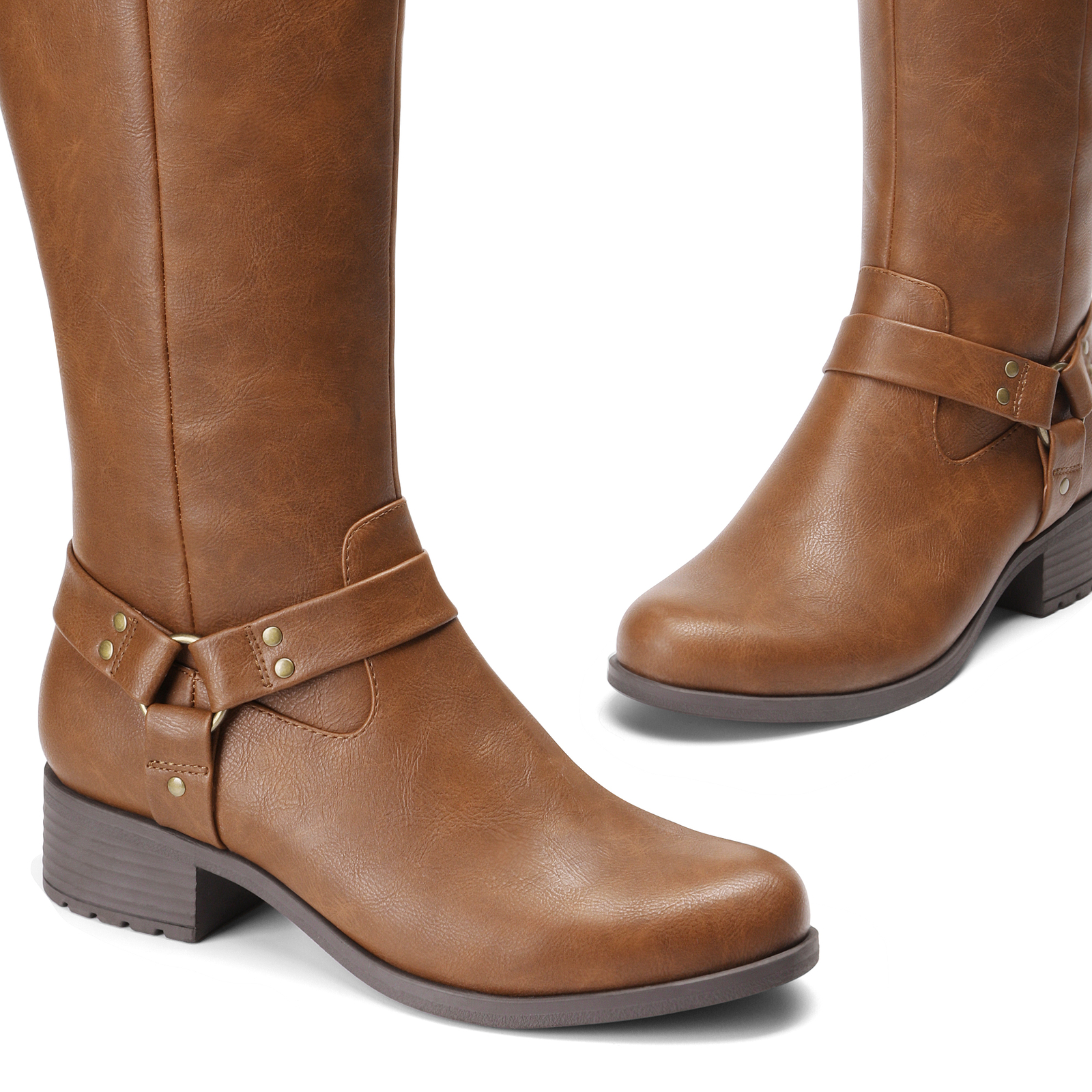 Women Motorcycle Riding Boots Low Heel Round Toe Zip Up Knee High Boots