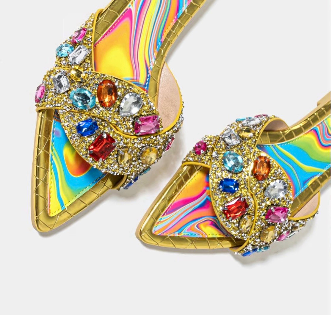 Women’s Gold/Multicolor Swirl Rhinestone Beaded Slide Sandals Slip On Size 8
