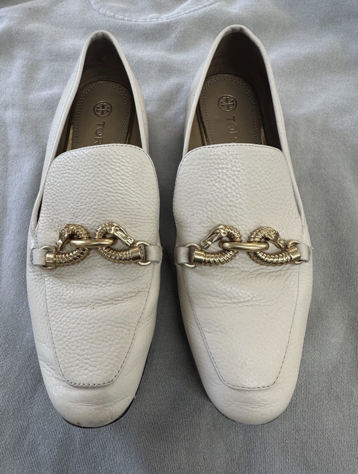 👓Tory Burch Jessa 100% Leather Loafers Light Cream/Gold Women’s 8.5 Horsehead