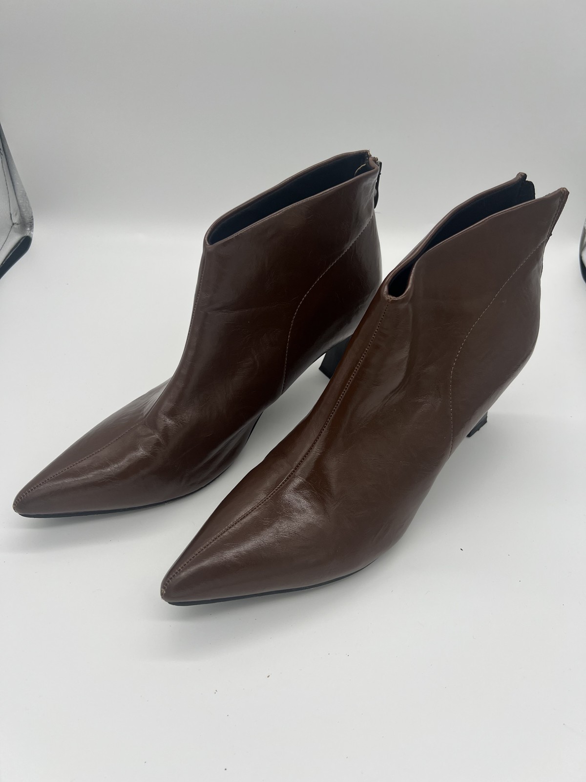 Women’s Brown Faux Leather Pointed Toe Ankle Boots Block Heel Booties Size EU 43