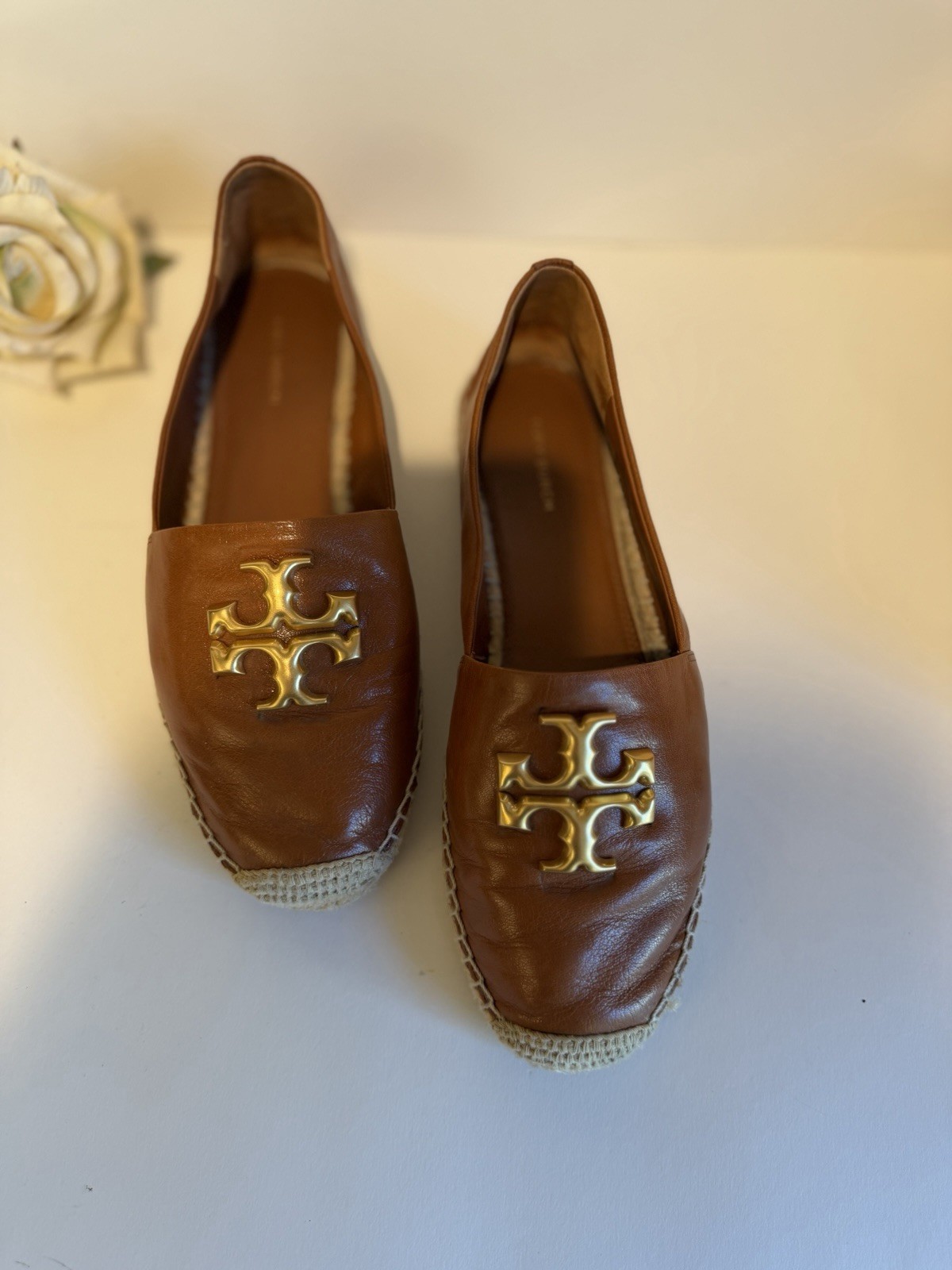 Tory Burch Eleanor Calf Leather Espadrille Flats Bourbon Gold Size 10 Box