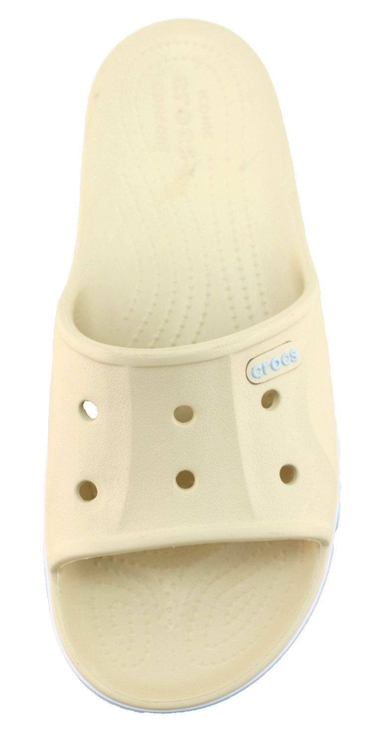 New CROCS Women’s 7 Bayaband Vanilla Cream /Blue Raised Crocs Logo Slide Sandals