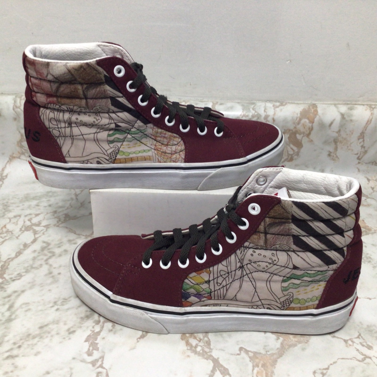 VANS Jesus Embroidered Burgundy High Top Sneakers Women’s Size 8.5 Art Graphics