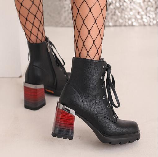 Women’s Faux Leather Ankle Boots Lace Up Shoes Block Heel High Top Loafers Zip