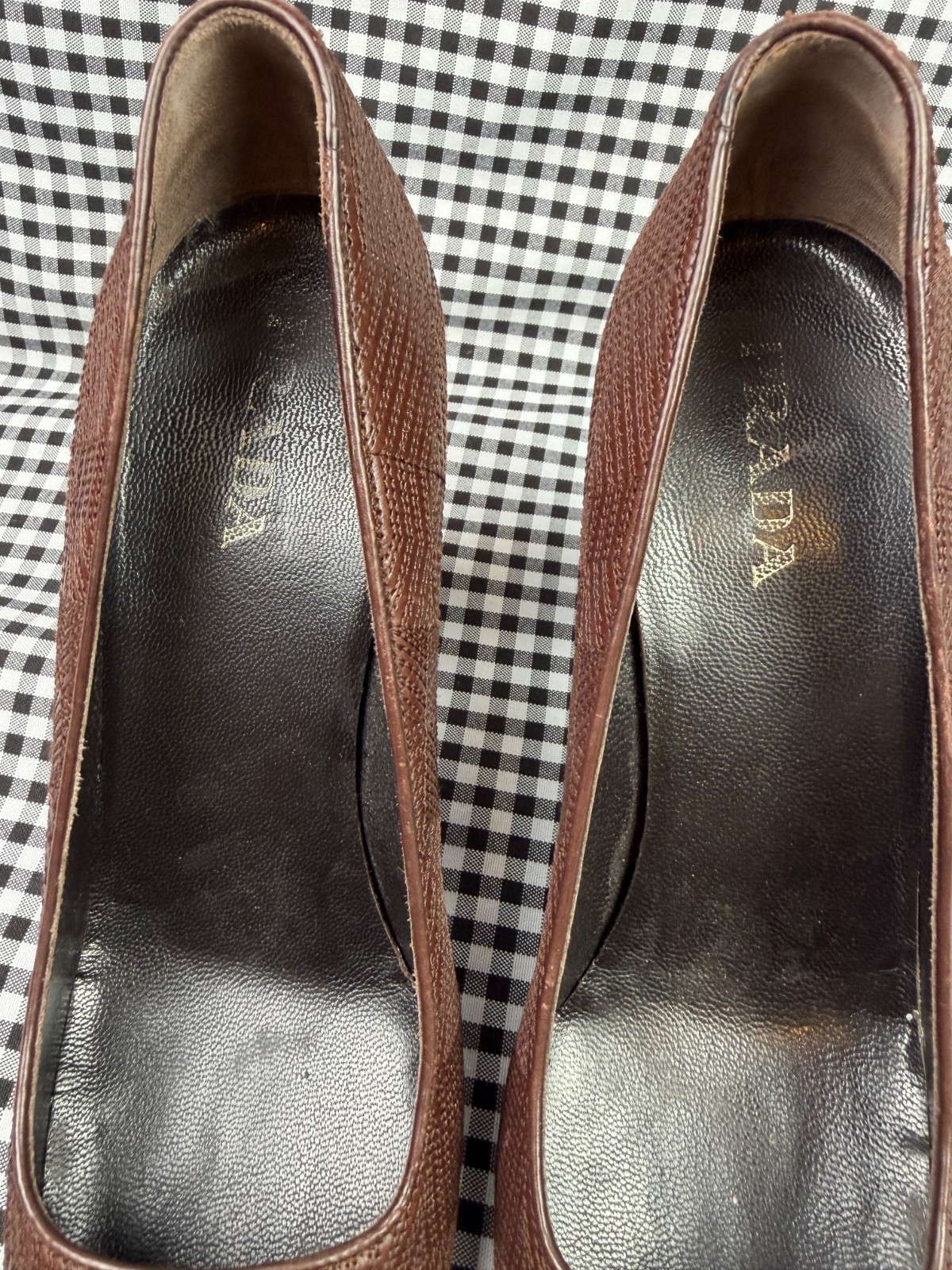Prada Brown Embossed Leather Square Toe Pumps Block Heel Italy 38.5 Women’s US 8
