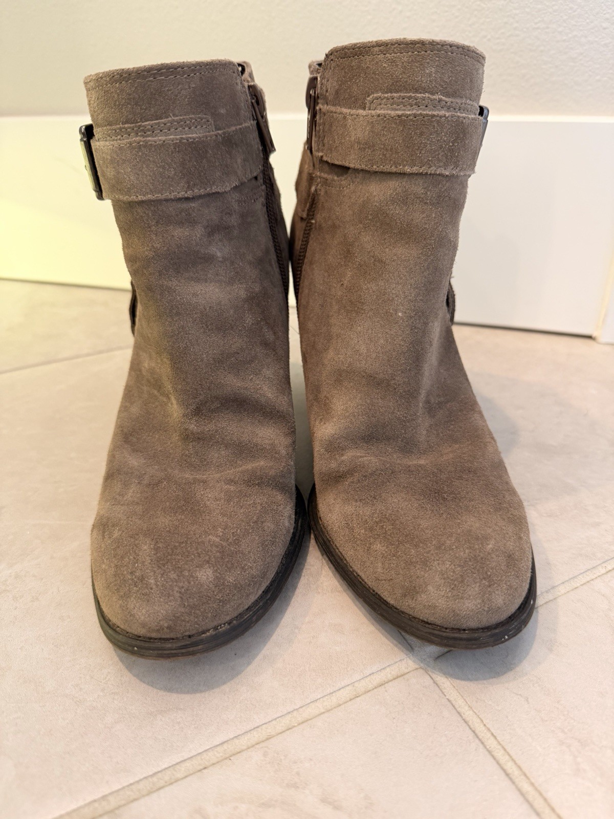 GUESS Taupe Suede Ankle Booties Buckle Zipper Strap Block Heel Round Toe
