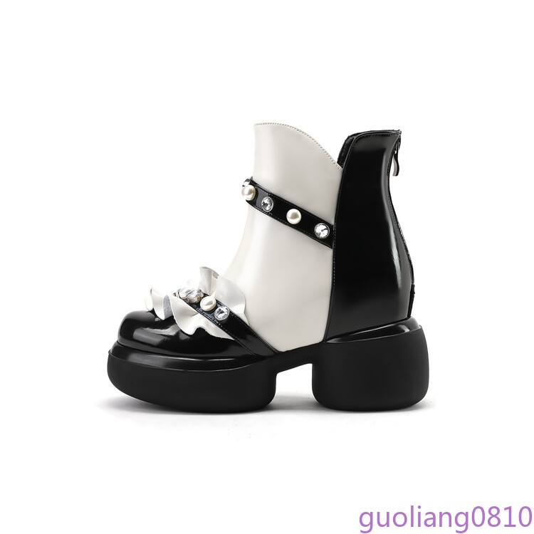 Matching Women’s Leather Ankle Boots Pearl Round Toe Back Zip Block Heel Fashion