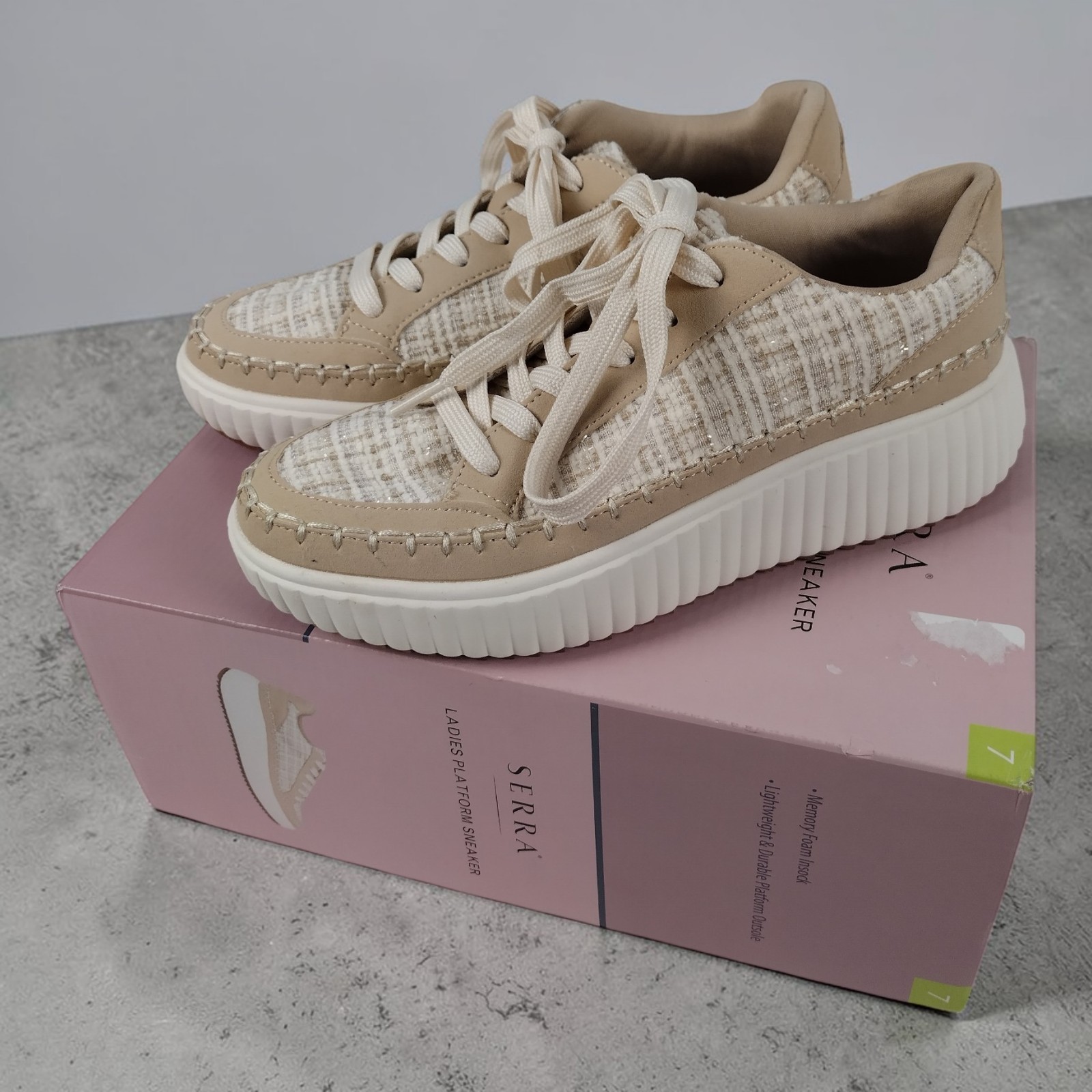 Serra Women’s Size 7 Platform Wedge Crochet Fabric Beige With Box Summer Fashion